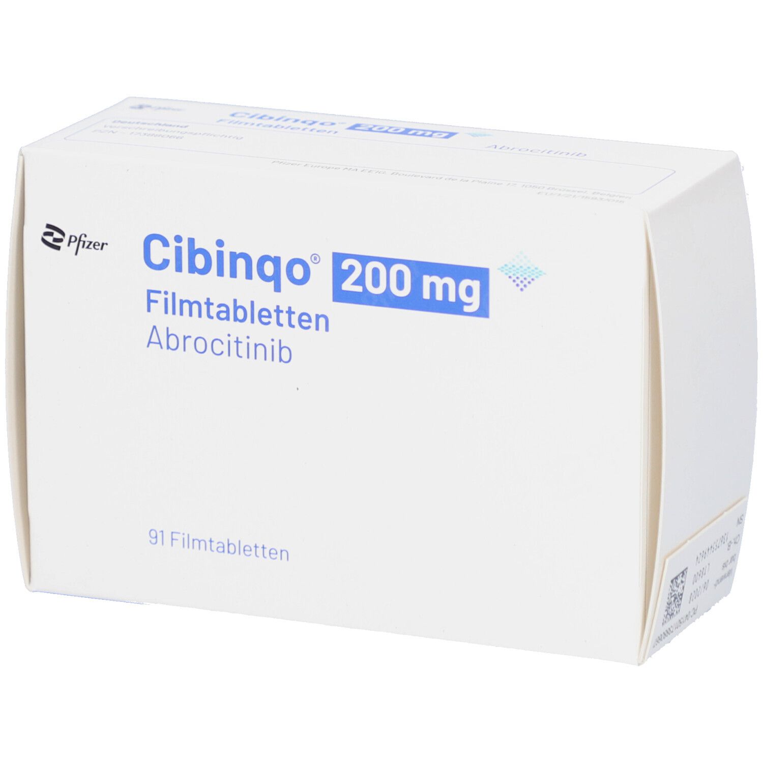 Weiße Faltschachtel mit blauer Aufschrift CIBINQO 200 mg Filmtabletten. Enthält 91 Filmtabletten. Pfizer Logo.