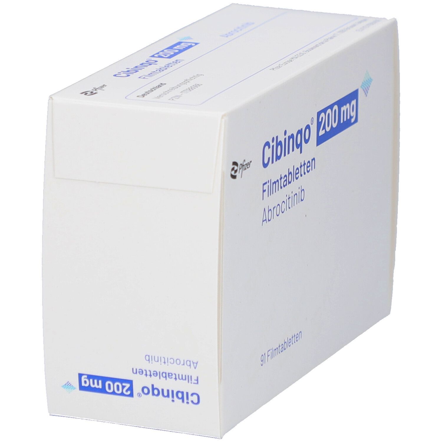 Weiße Faltschachtel mit blauer Aufschrift CIBINQO 200 mg Filmtabletten. Pfizer Logo. Ansicht von der Seite.