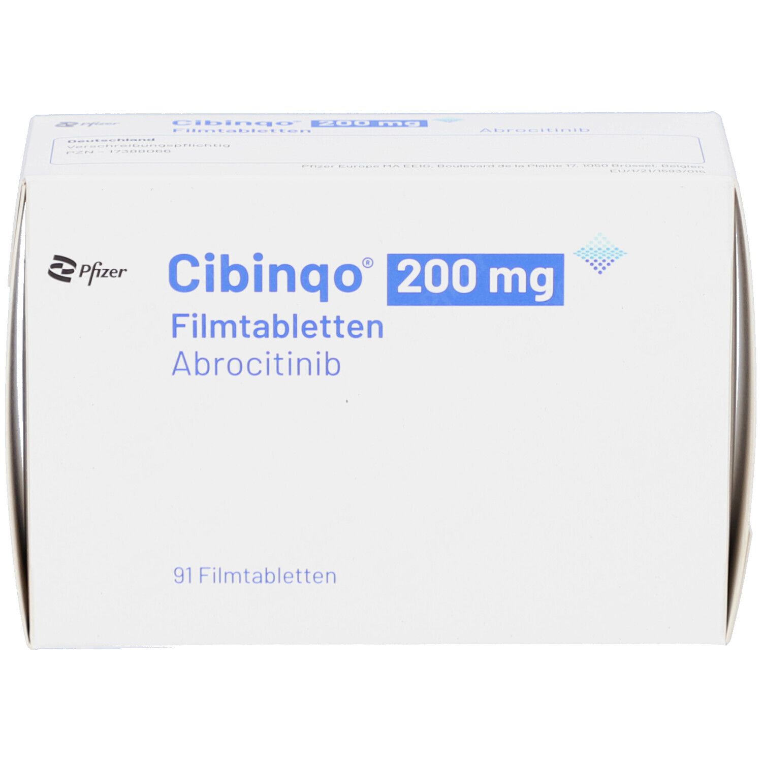 Weiße Faltschachtel mit blauer Aufschrift CIBINQO 200 mg Filmtabletten. Enthält 91 Filmtabletten. Pfizer Logo.