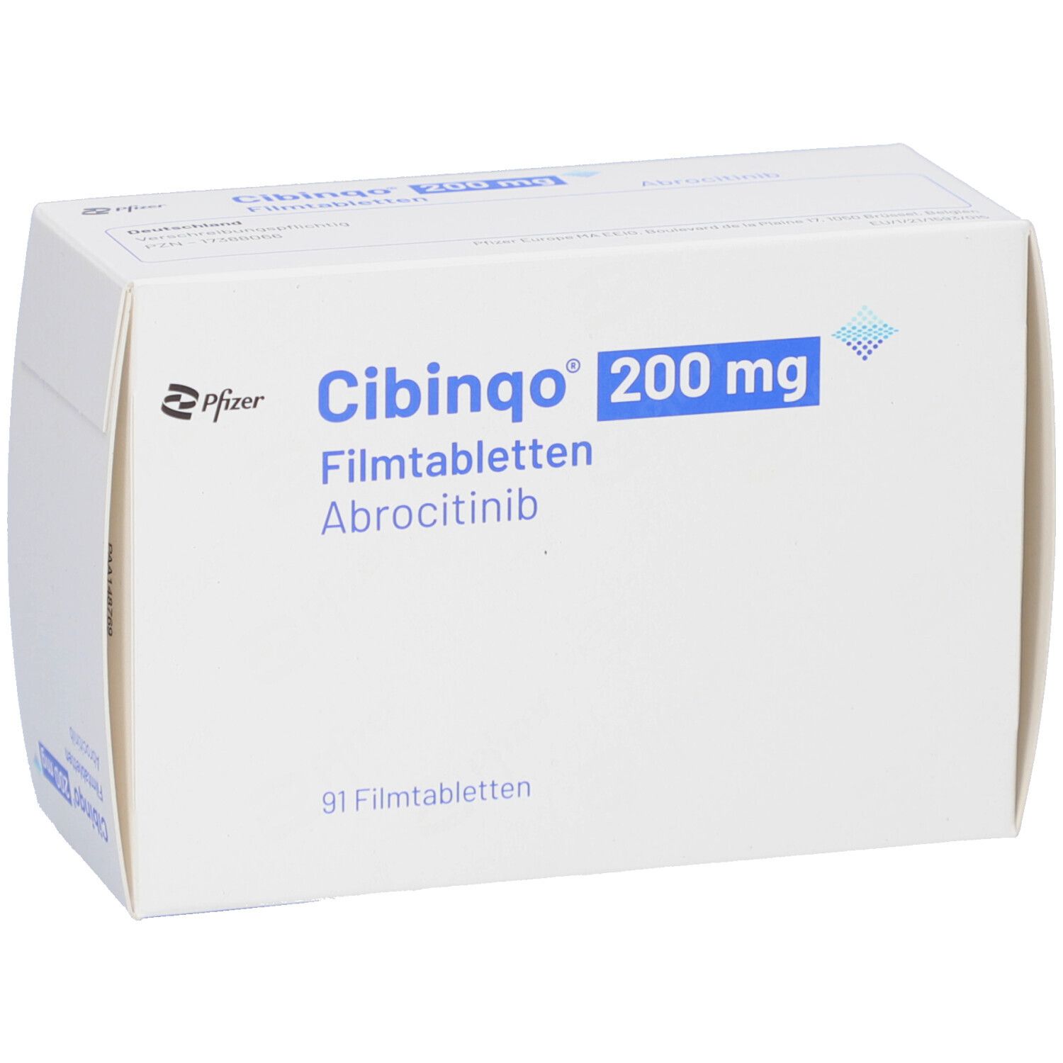 Weiße Faltschachtel mit blauer Aufschrift CIBINQO 200 mg Filmtabletten. Enthält 91 Filmtabletten. Pfizer Logo.