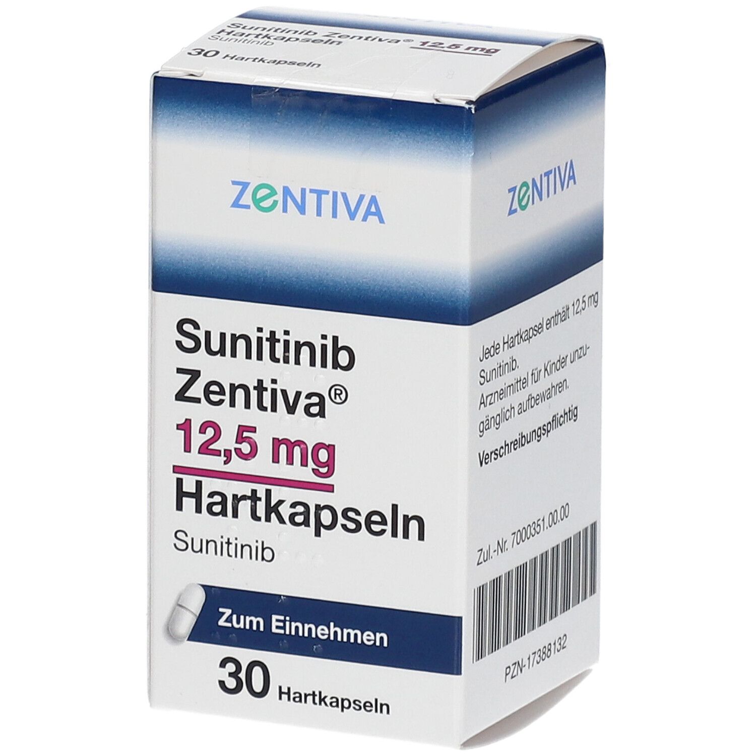 Schachtel mit Sunitinib Zentiva 12,5 mg Hartkapseln. Enthält 30 Kapseln. Aufschrift: Zum Einnehmen.