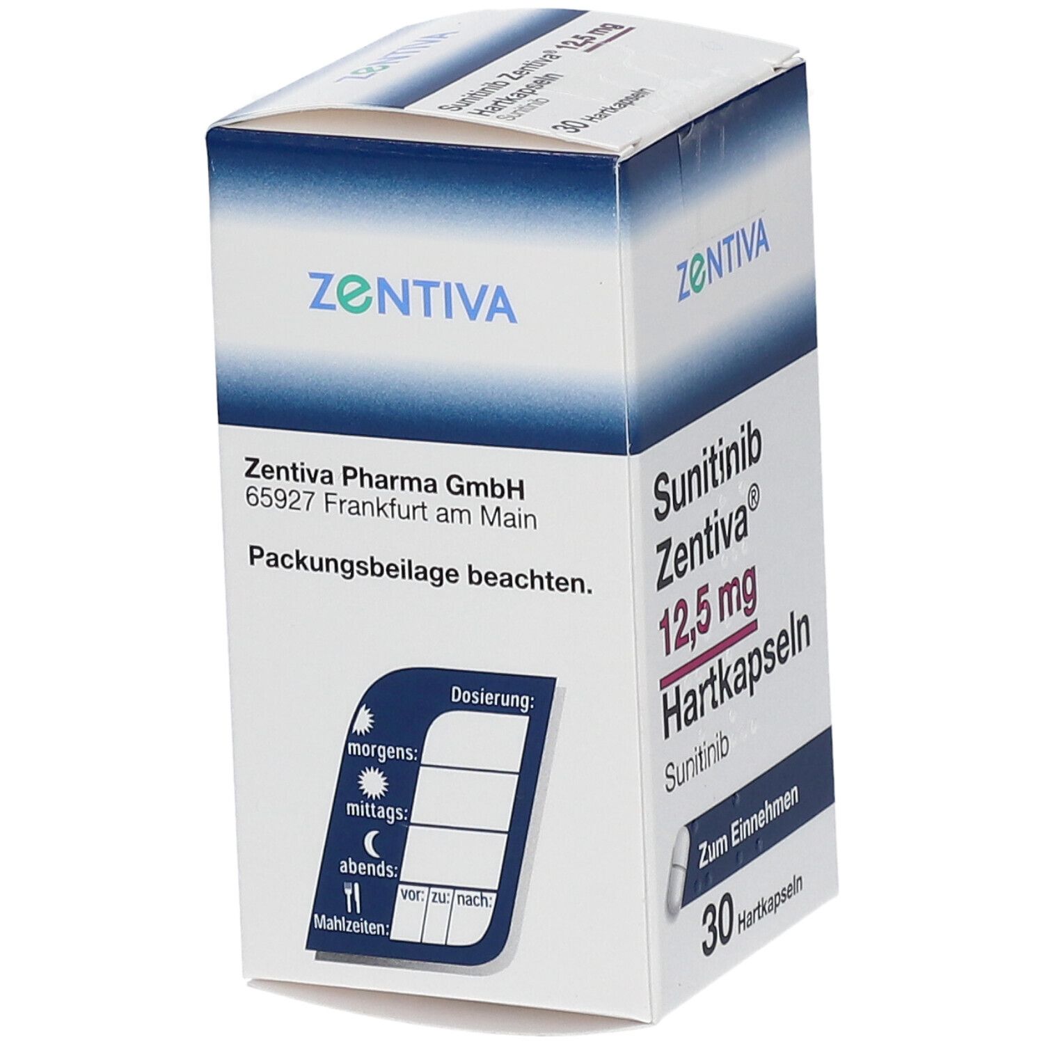 Schachtel mit Sunitinib Zentiva 12,5 mg Hartkapseln. Enthält 30 Kapseln. Aufschrift: Zum Einnehmen. Dosierungshinweis.