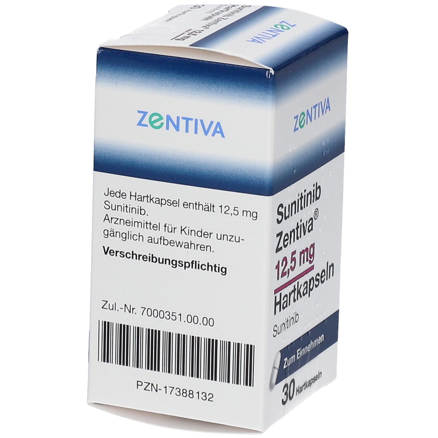 Schachtel mit Sunitinib Zentiva 12,5 mg Hartkapseln. Enthält 30 Kapseln. Aufschrift: Zum Einnehmen. Rückseite mit Text.