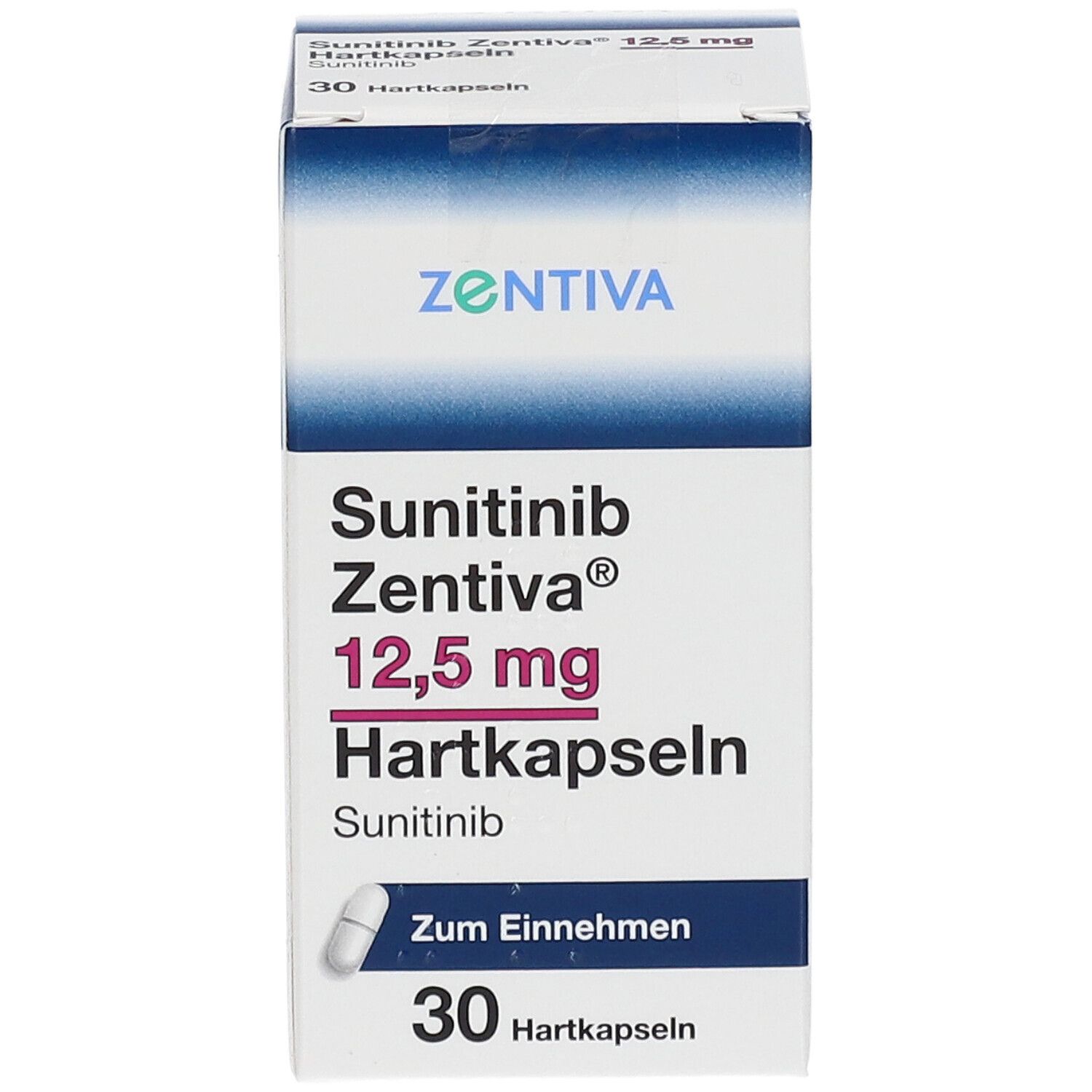 Schachtel mit Sunitinib Zentiva 12,5 mg Hartkapseln. Enthält 30 Kapseln. Aufschrift: Zum Einnehmen.