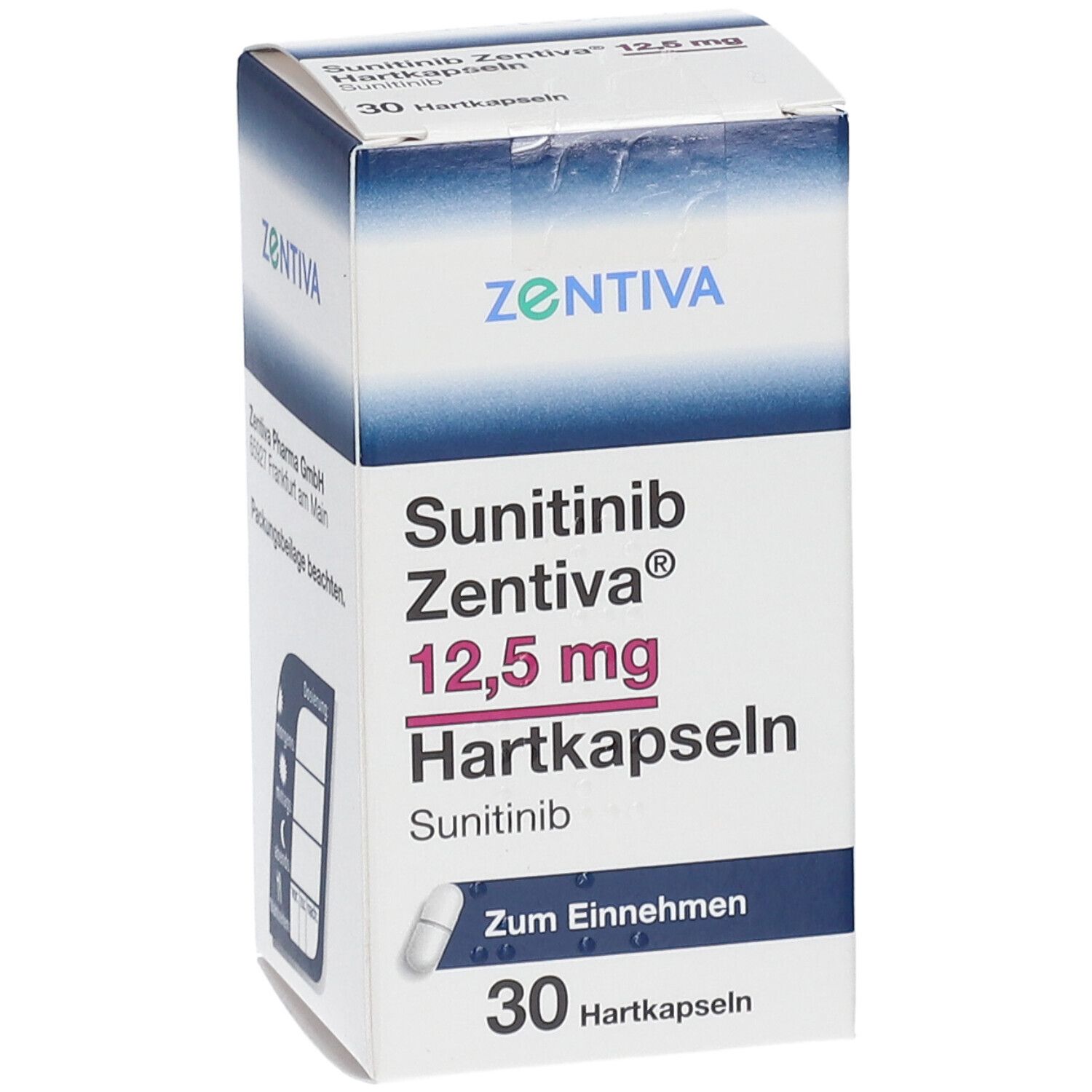 Schachtel mit Sunitinib Zentiva 12,5 mg Hartkapseln. Enthält 30 Kapseln. Aufschrift: Zum Einnehmen.