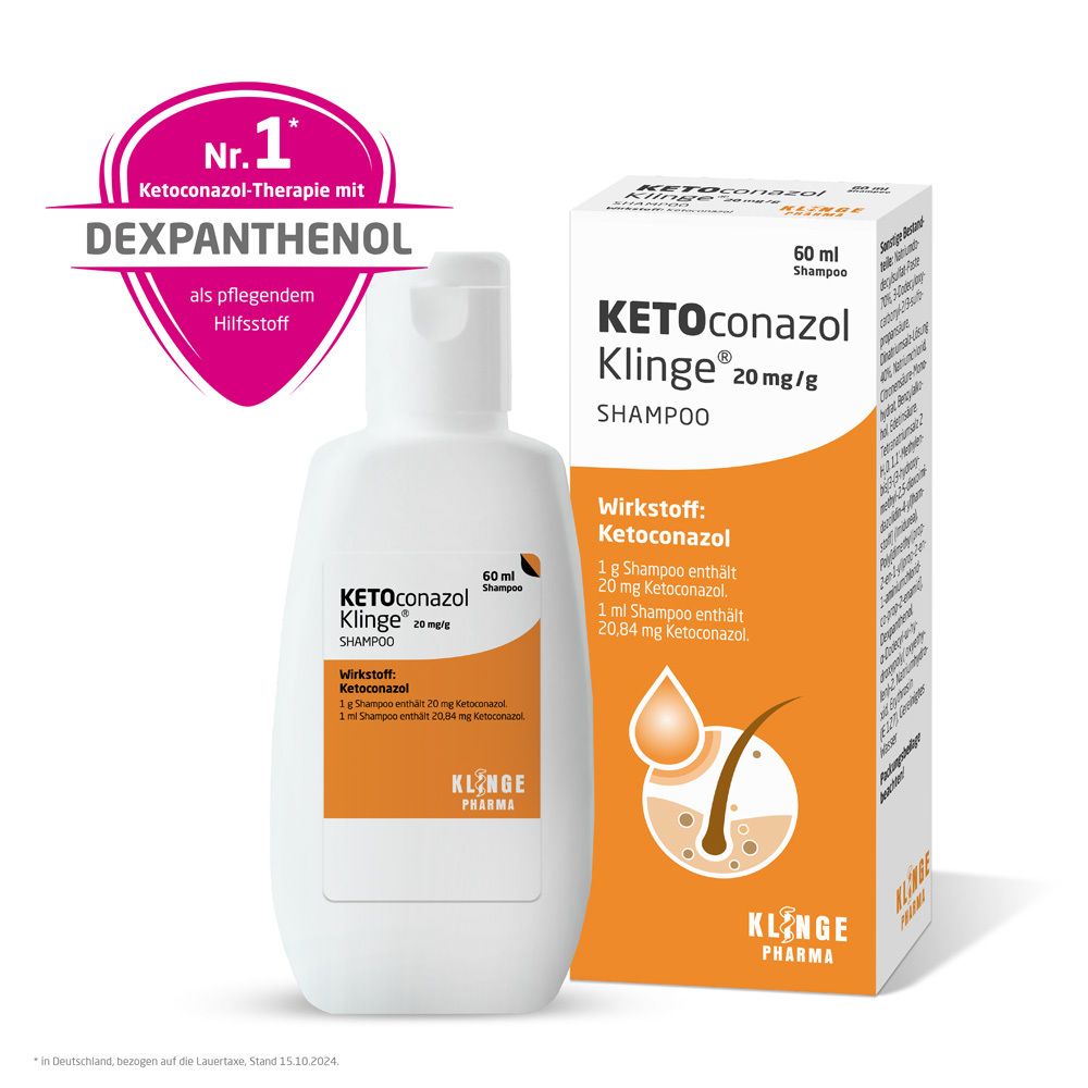 KETOconazol Klinge® Shampoo, Flasche und Verpackung. Enthält 20 mg/g Ketoconazol. Mit Dexpanthenol.