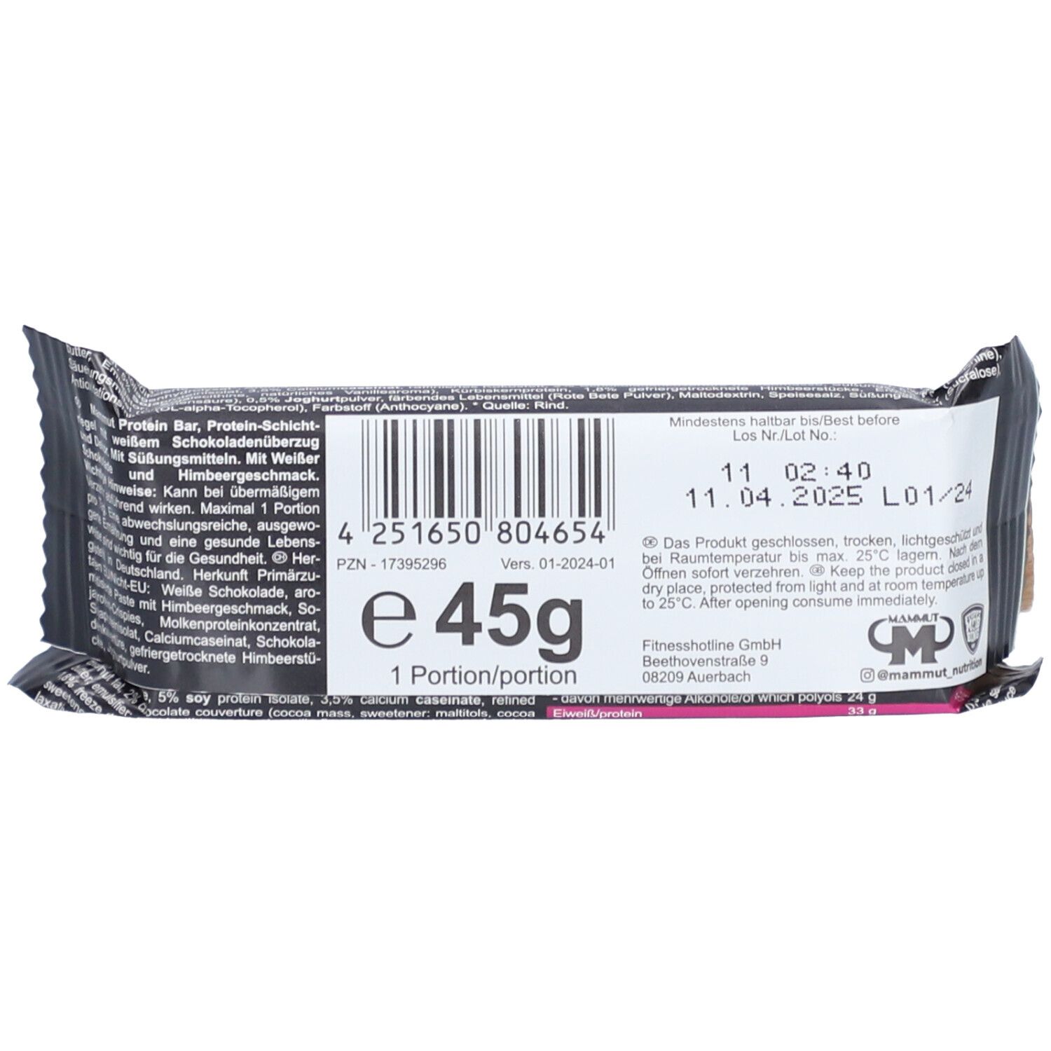 MM Crunchy Protein Bar Raspberry white Chocolate 45 g