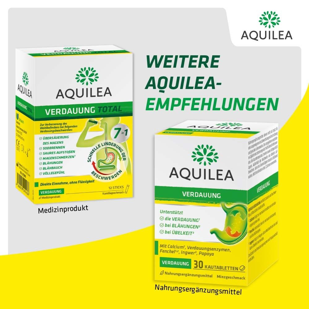 AQUILEA Verdauung Total Packung. Medizinprodukt. AQUILEA Verdauung Packung. Nahrungsergänzungsmittel.