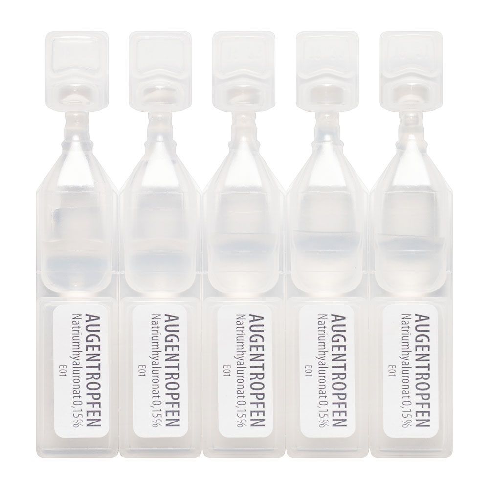 Fünf sterile Einzeldosisampullen Redcare Augentropfen mit Hyaluron 0,15%.