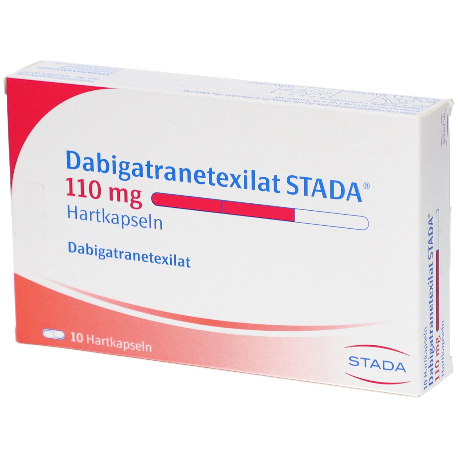 Schachtel mit rotem und weißem Design. Aufschrift: Dabigatranetexilat STADA 110 mg Hartkapseln. 10 Hartkapseln.