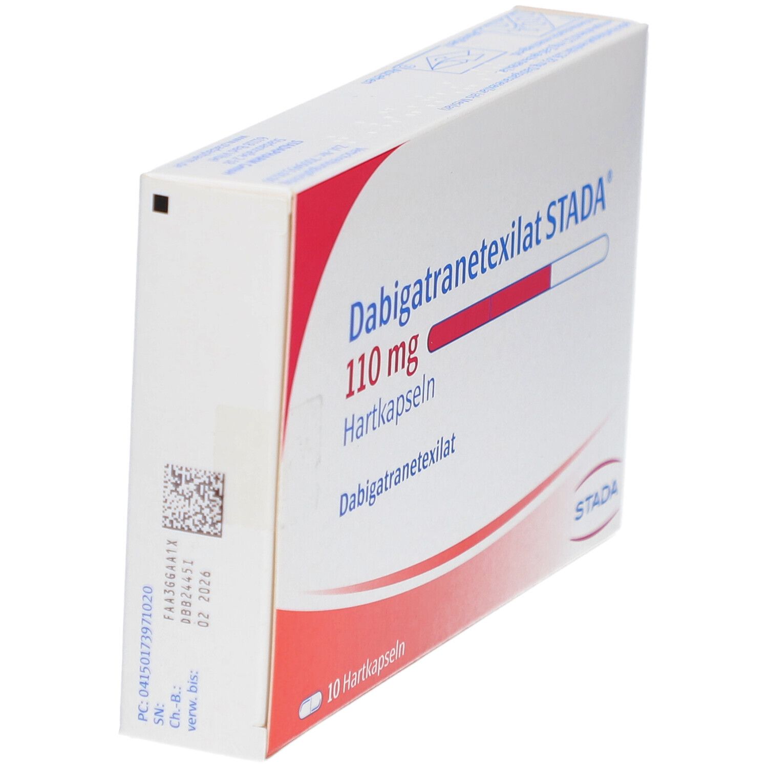 Schachtel, schräg von der Seite. Aufschrift: Dabigatranetexilat STADA 110 mg Hartkapseln. 10 Hartkapseln. STADA Logo.