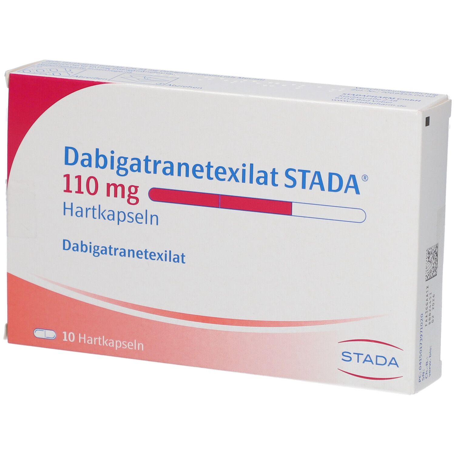 Arzneimittelpackung mit rotem Akzent. Beschriftung: Dabigatranetexilat STADA 110 mg Hartkapseln. 10 Hartkapseln. STADA-Logo.