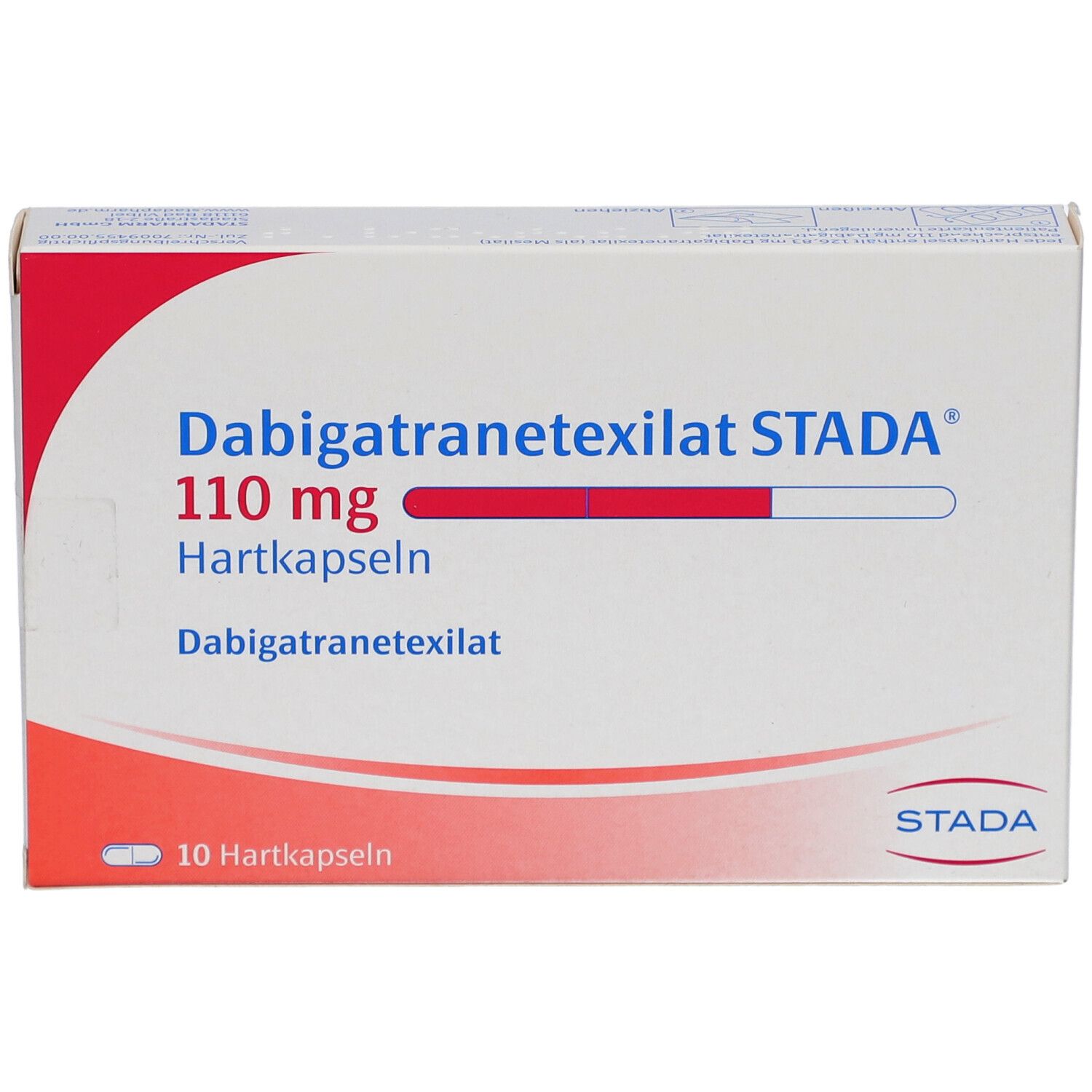 Arzneimittelpackung mit rotem Akzent. Beschriftung: Dabigatranetexilat STADA 110 mg Hartkapseln. 10 Hartkapseln. STADA-Logo.