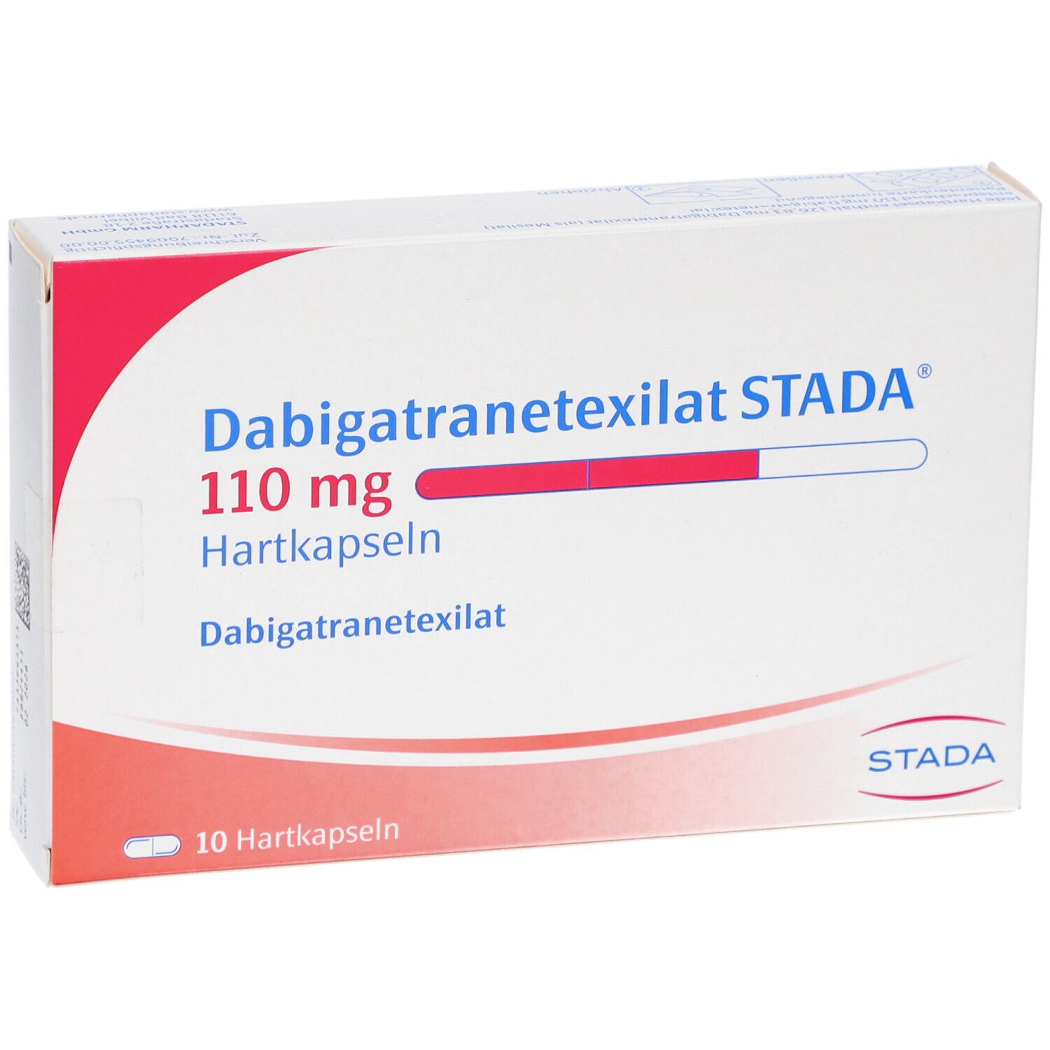 Schachtel mit rotem und weißem Design. Aufschrift: Dabigatranetexilat STADA 110 mg Hartkapseln. 10 Hartkapseln. STADA Logo.