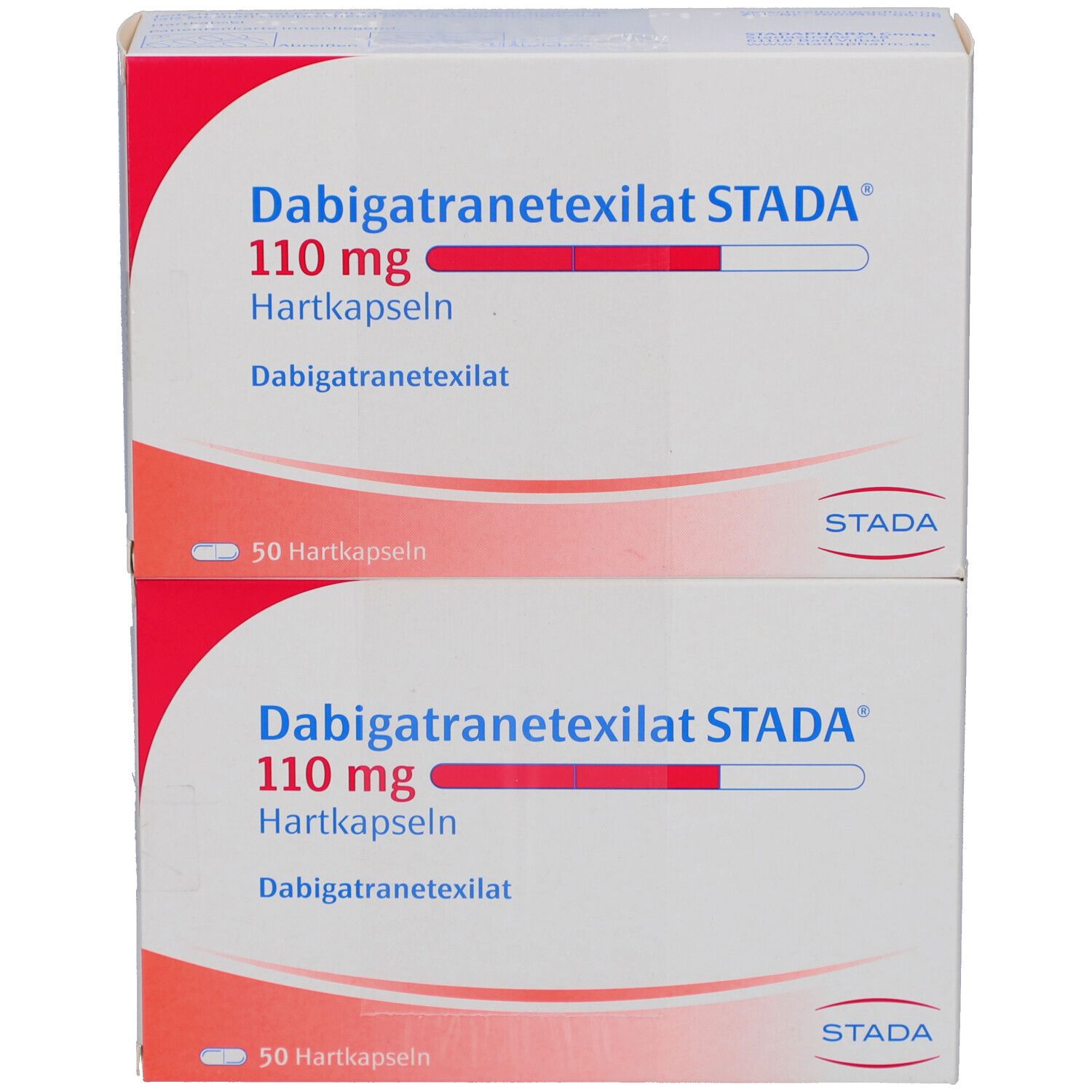 Zwei Kartons DABIGATRANETEXILAT STADA 110 mg Hartkapseln. Weiße Schachteln mit roter und blauer Schrift. STADA-Logo.