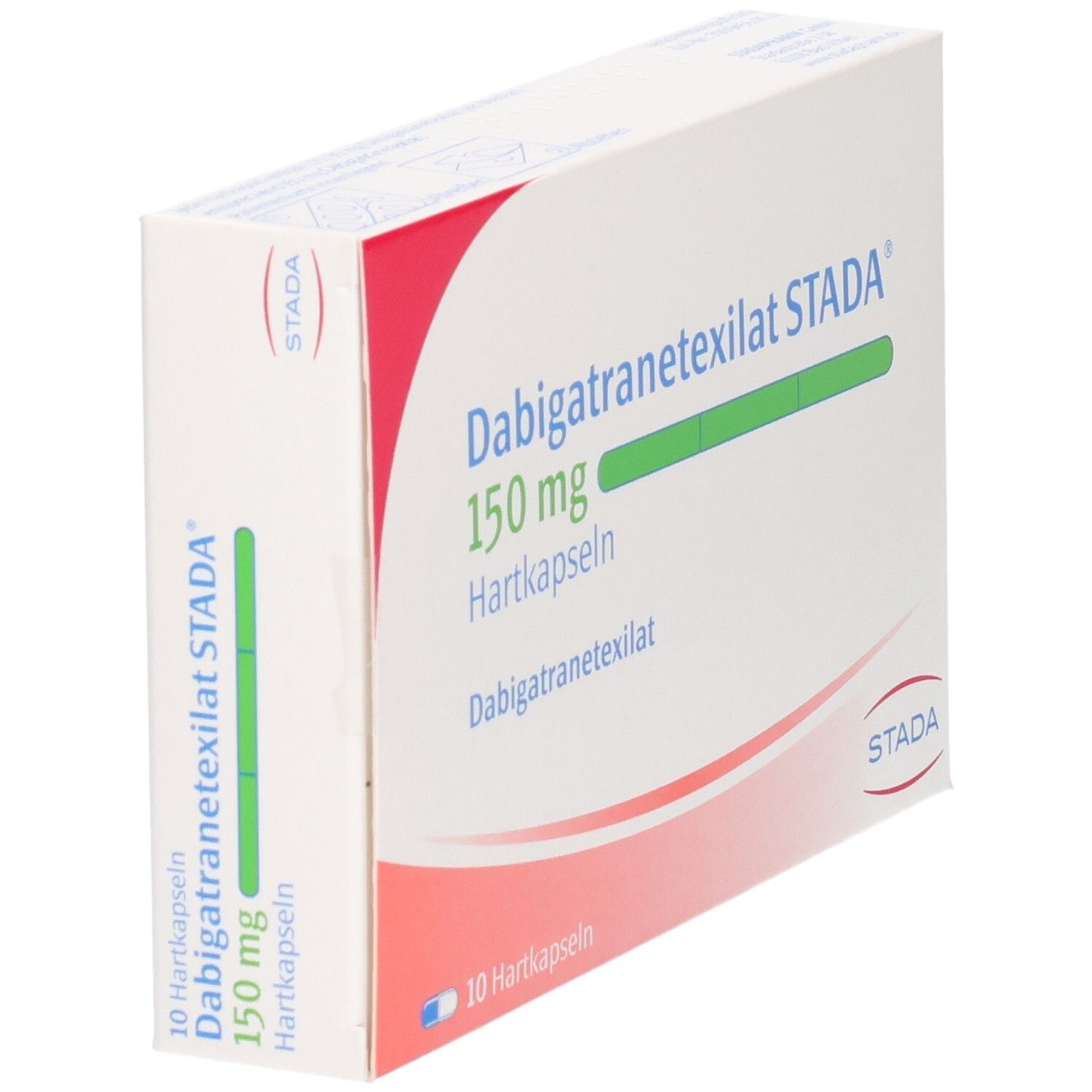 Seitenansicht der Packung Dabigatranetexilat STADA 150 mg Hartkapseln.