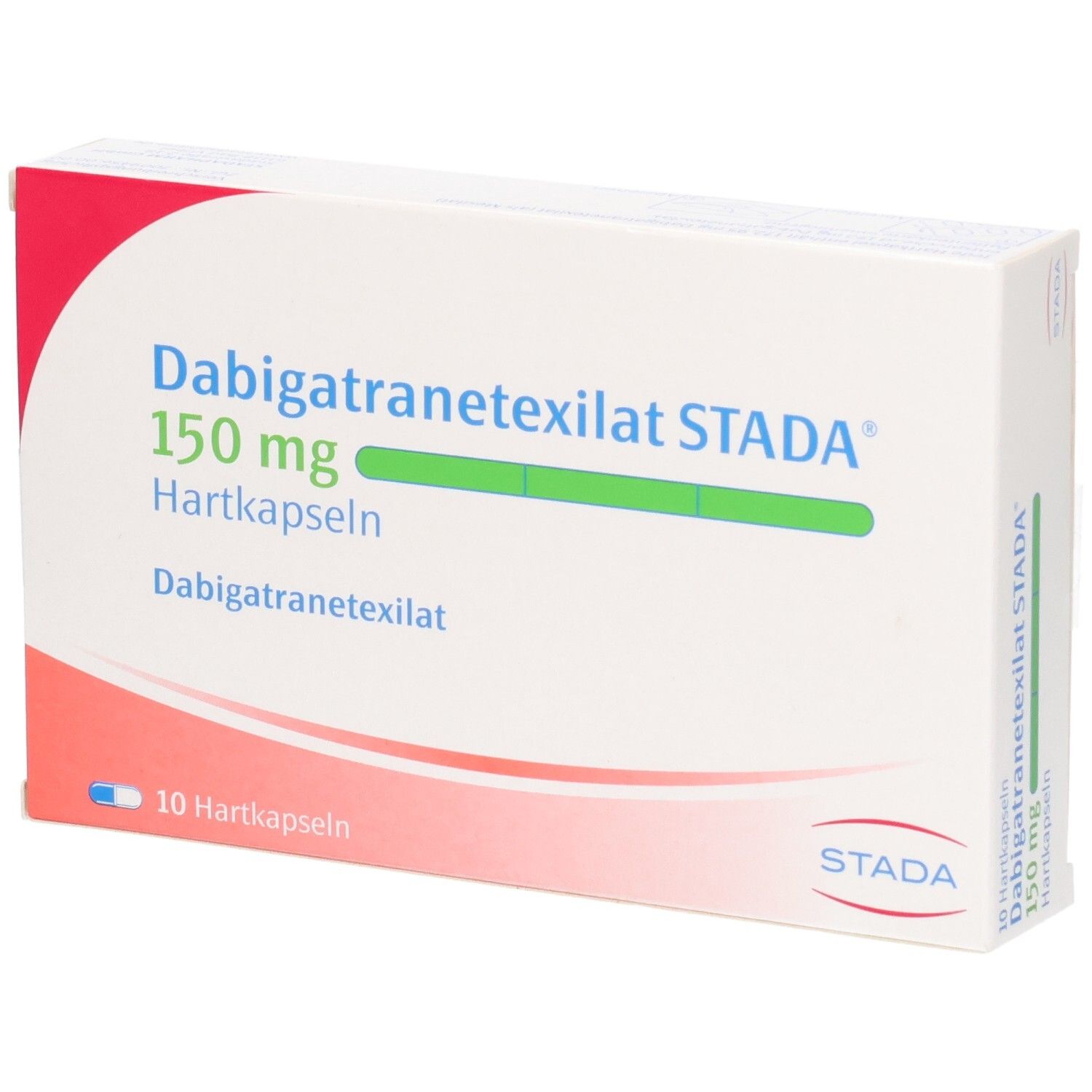 Packung Dabigatranetexilat STADA 150 mg Hartkapseln, 10 Stück, mit rotem und weißem Design.
