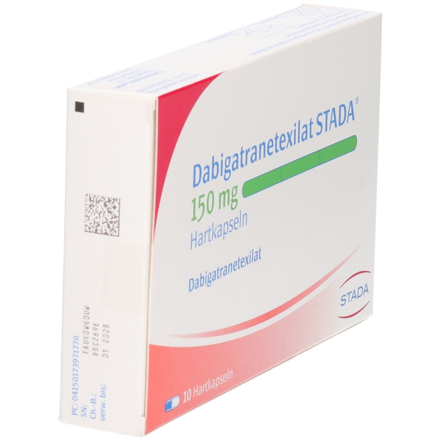 Rückseite der Packung Dabigatranetexilat STADA 150 mg Hartkapseln mit Barcode.