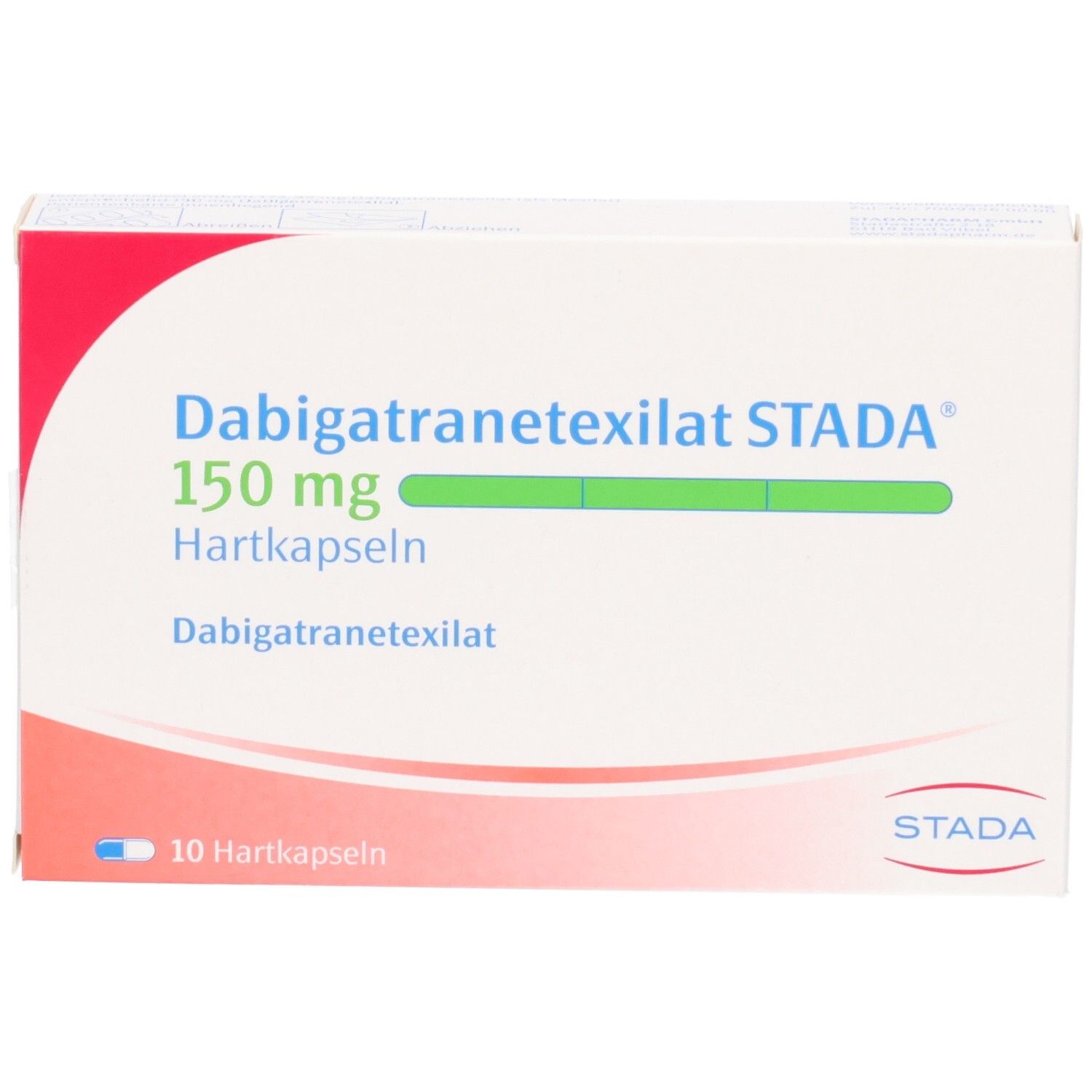 Vorderseite der Packung Dabigatranetexilat STADA 150 mg Hartkapseln, 10 Stück.