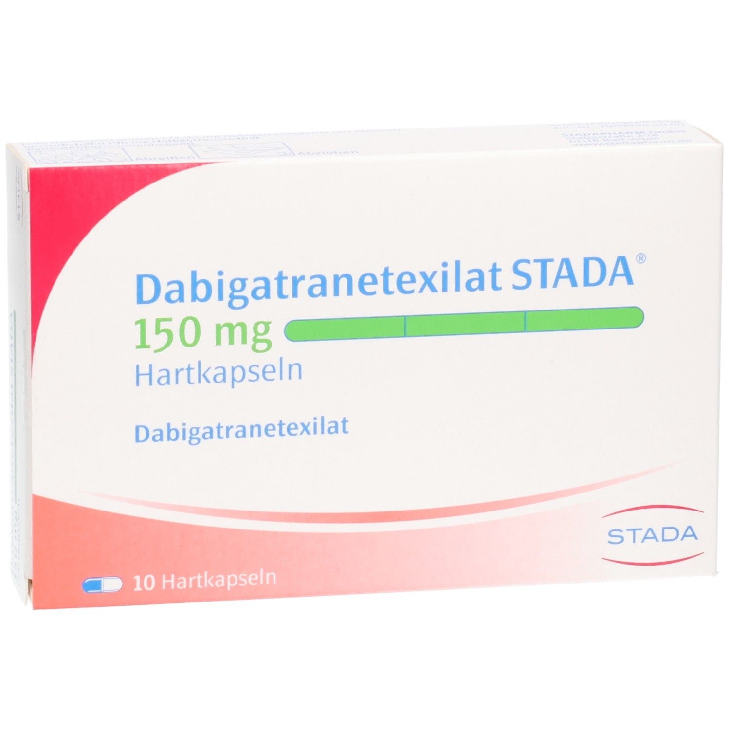 Packung Dabigatranetexilat STADA 150 mg Hartkapseln, 10 Stück, mit grüner Linie.