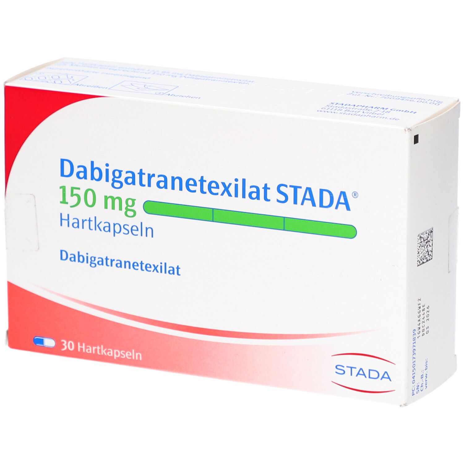 Dabigatranetexilat STADA 150 mg Hartkapseln. Weiße Schachtel mit roter Ecke. Text: 30 Hartkapseln, STADA.