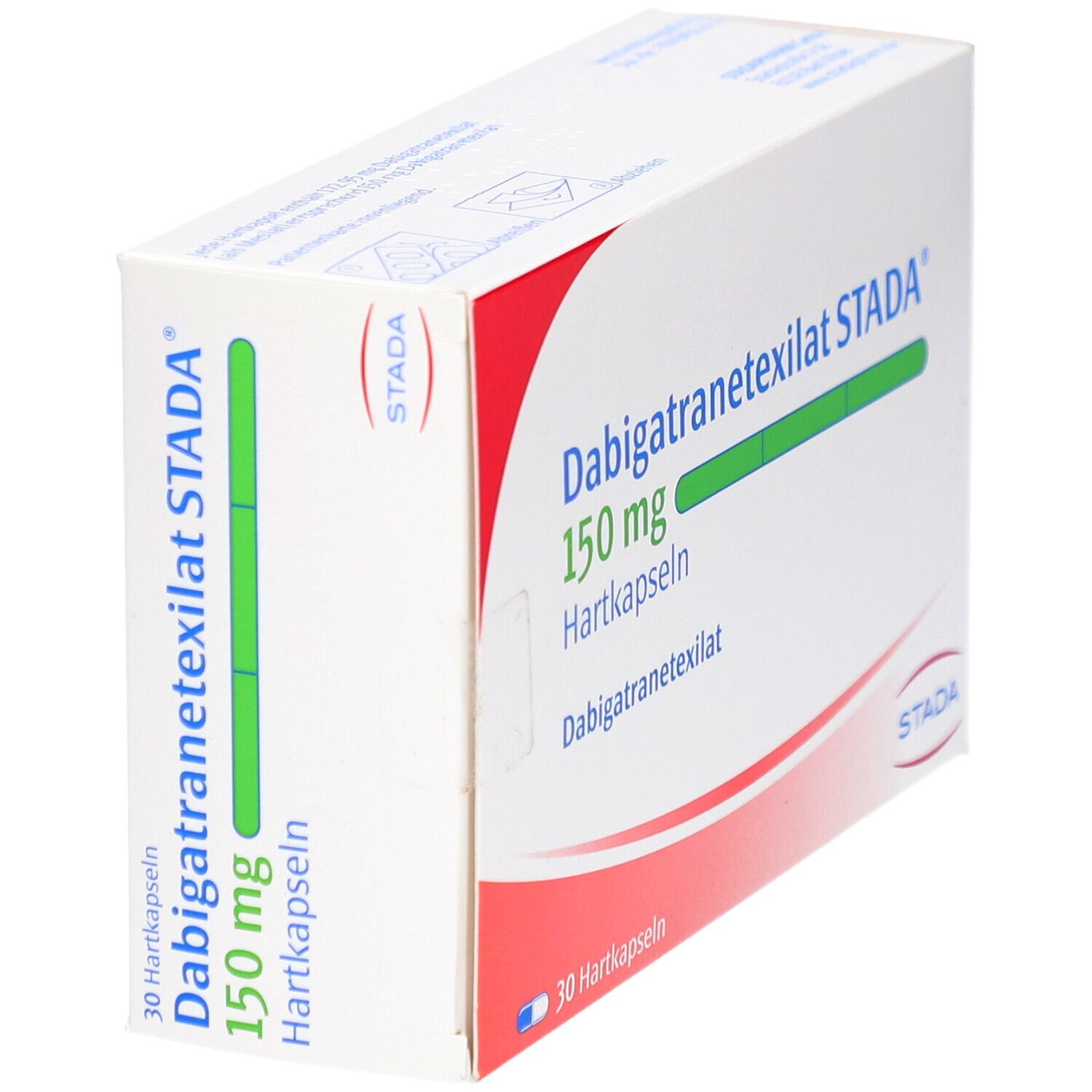 Dabigatranetexilat STADA 150 mg Hartkapseln. Weiße Schachtel mit roter Ecke. Text: 30 Hartkapseln, STADA.