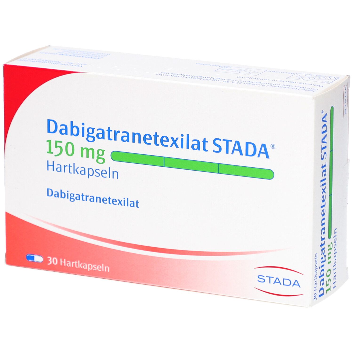 Dabigatranetexilat STADA 150 mg Hartkapseln. Weiße Schachtel mit roter Ecke. Text: 30 Hartkapseln, STADA.