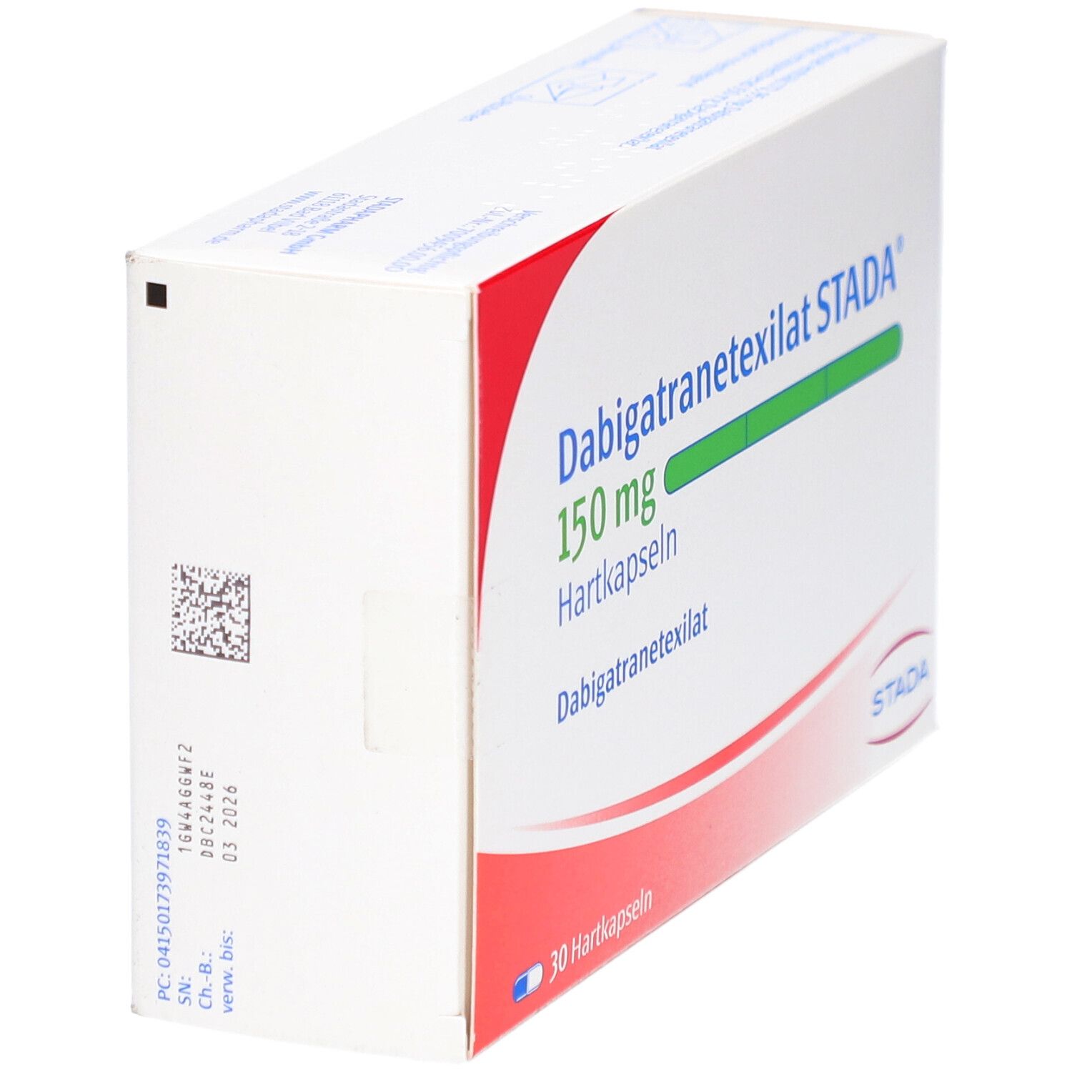 Dabigatranetexilat STADA 150 mg Hartkapseln. Weiße Schachtel mit roter Ecke. Text: 30 Hartkapseln, STADA.
