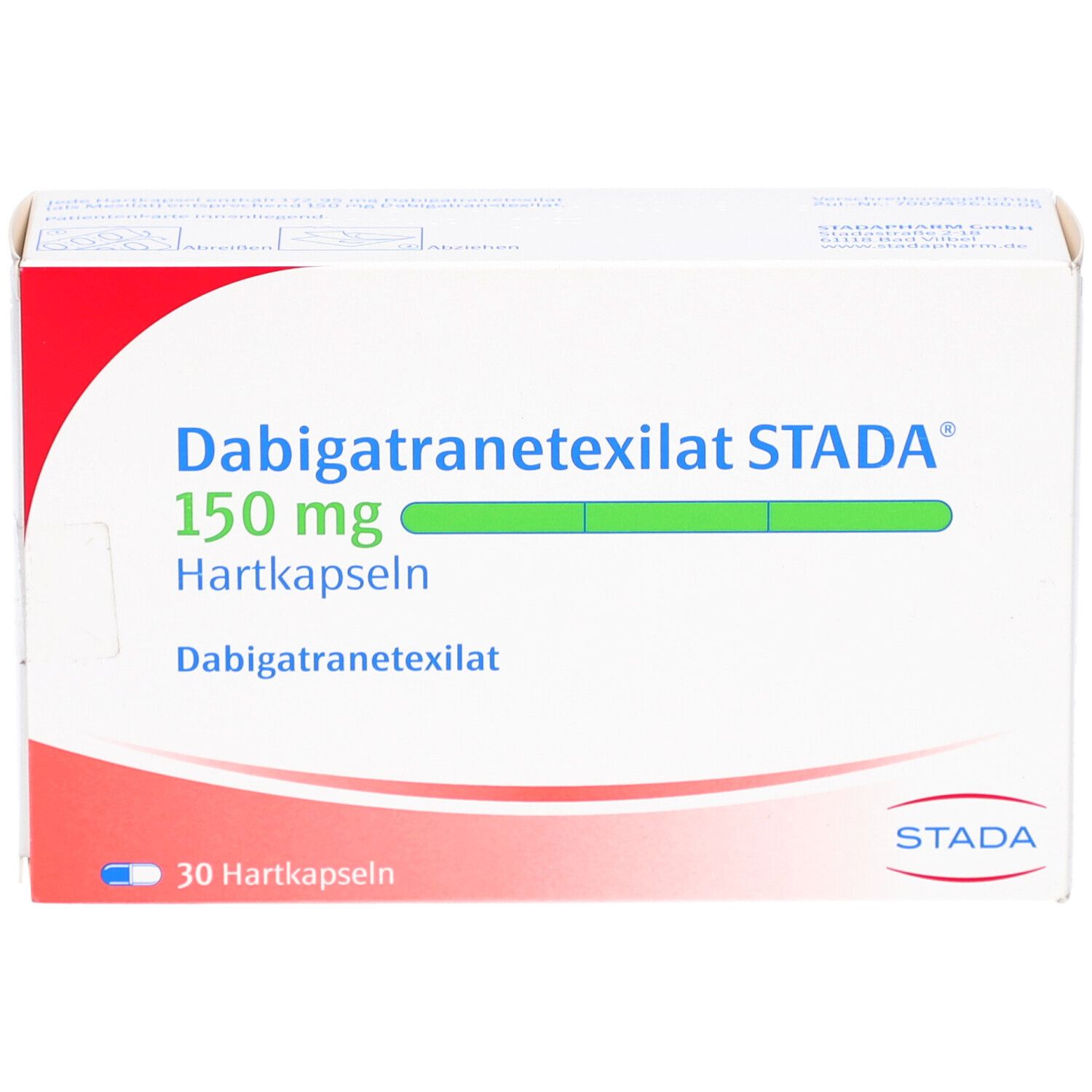Dabigatranetexilat STADA 150 mg Hartkapseln. Weiße Schachtel mit roter Ecke. Text: 30 Hartkapseln, STADA.