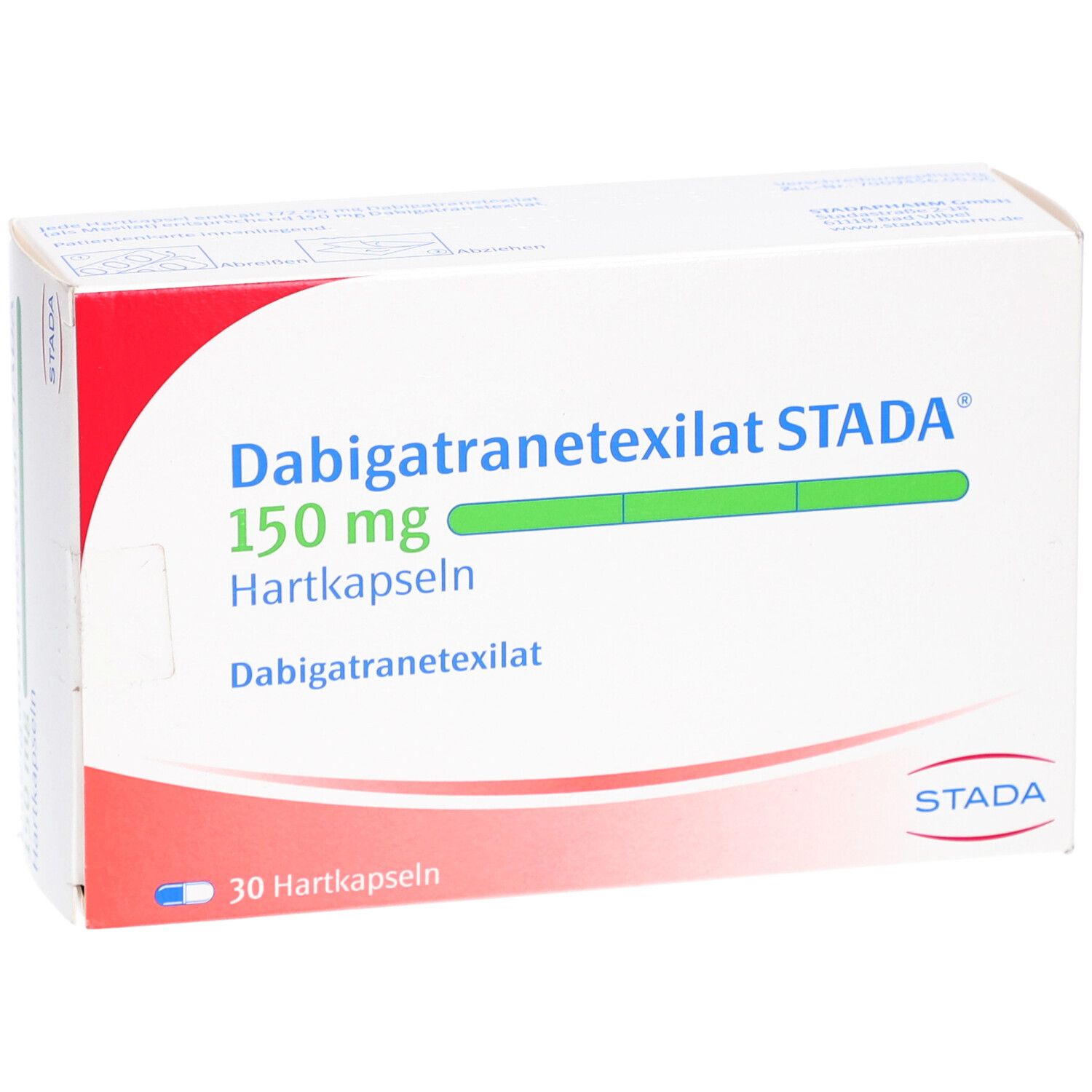 Dabigatranetexilat STADA 150 mg Hartkapseln. Weiße Schachtel mit roter Ecke. Text: 30 Hartkapseln, STADA.