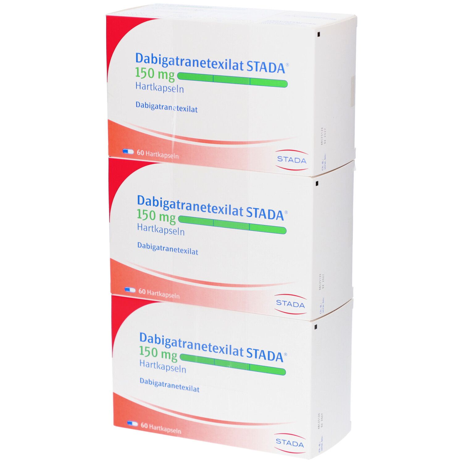 Drei Schachteln DABIGATRANETEXILAT STADA 150 mg Hartkapseln, gestapelt. Aufdruck: Name, Dosierung, Darreichungsform, Herstellerlogo.