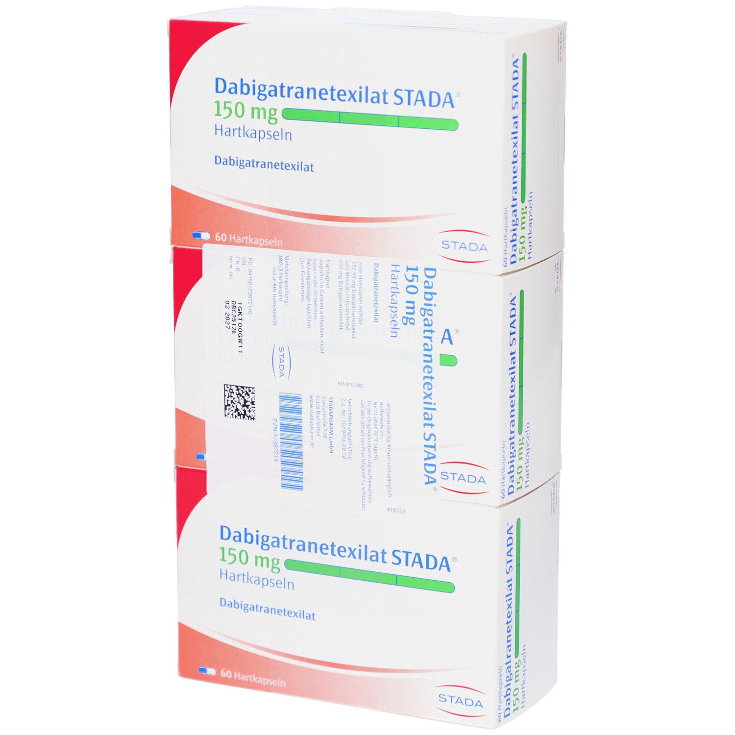 Drei Schachteln DABIGATRANETEXILAT STADA 150 mg Hartkapseln, gestapelt. Rückseite mit Informationen und QR-Code. Herstellerlogo.