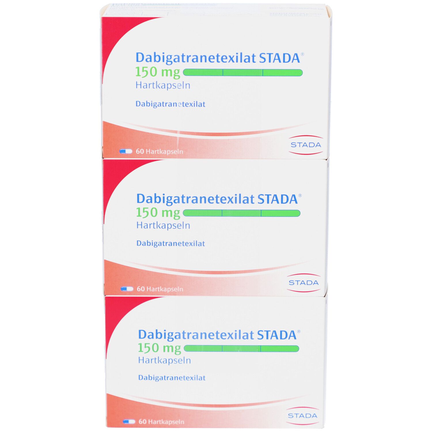 Drei Schachteln DABIGATRANETEXILAT STADA 150 mg Hartkapseln, gestapelt. Aufdruck: Name, Dosierung, Darreichungsform, Herstellerlogo.