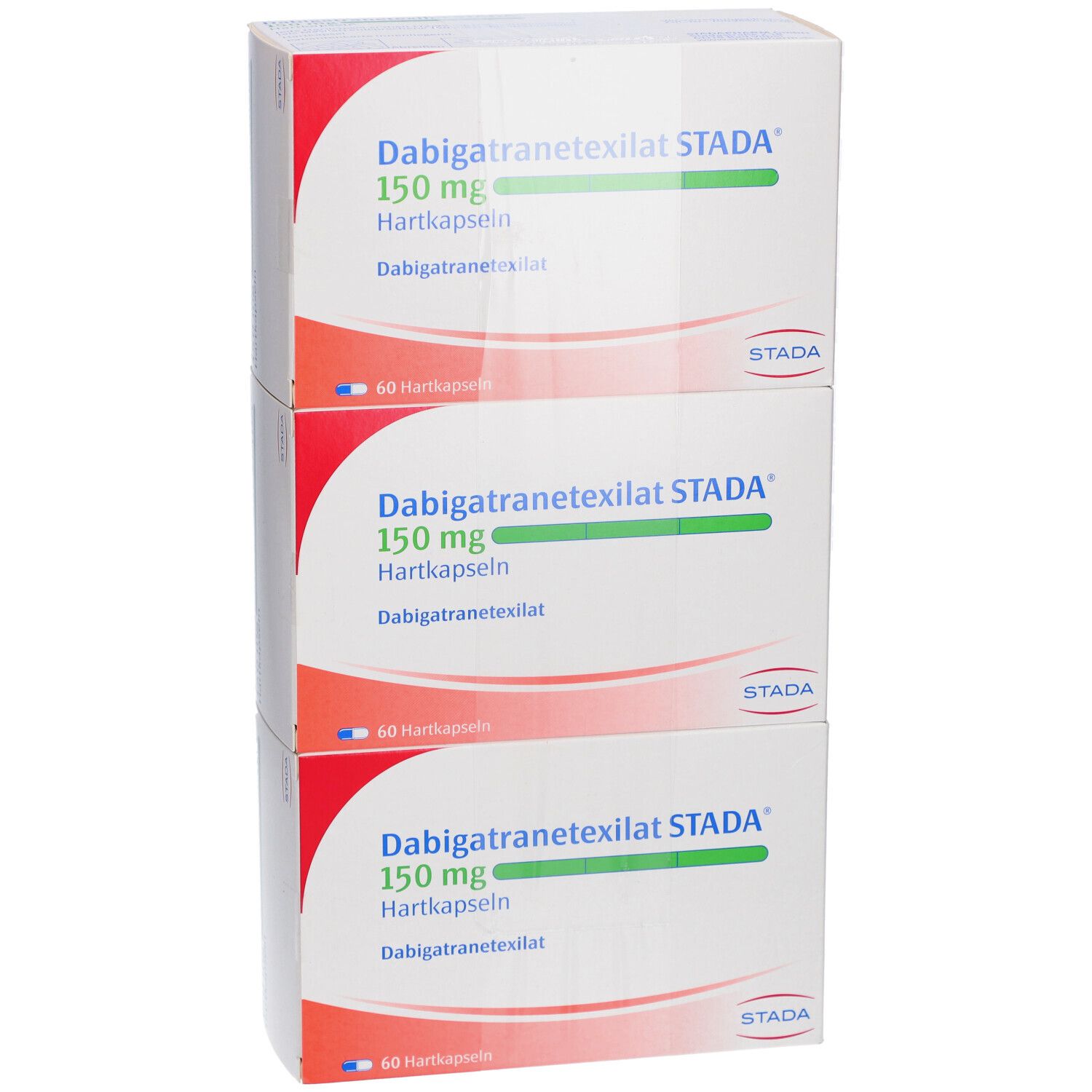 Drei Schachteln DABIGATRANETEXILAT STADA 150 mg Hartkapseln, gestapelt. Aufdruck: Name, Dosierung, Darreichungsform, Herstellerlogo.