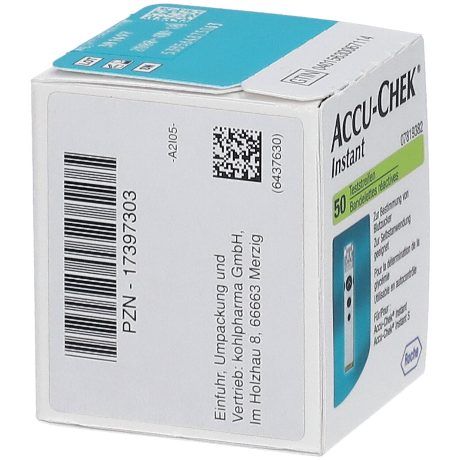 Rückseite der Accu-Chek Instant Packung. Enthält Informationen wie PZN, Barcode und Herstelleradresse.