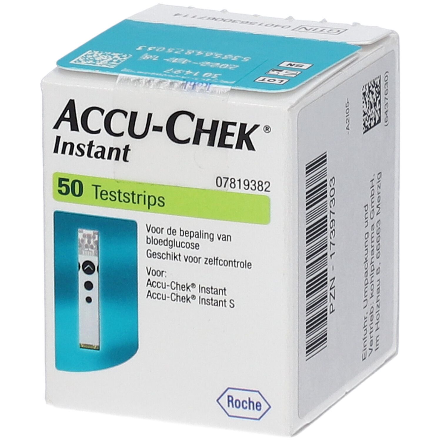 Accu-Chek Instant Packung mit 50 Teststreifen. Aufdrucke in Deutsch. Enthält einen Teststreifen.