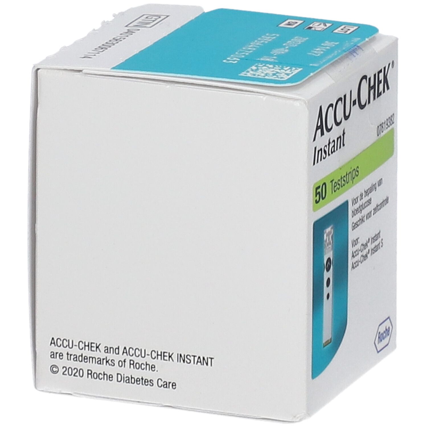 Seitenansicht der Accu-Chek Instant Packung. Text: ACCU-CHEK und ACCU-CHEK INSTANT sind Marken von Roche Diabetes Care.