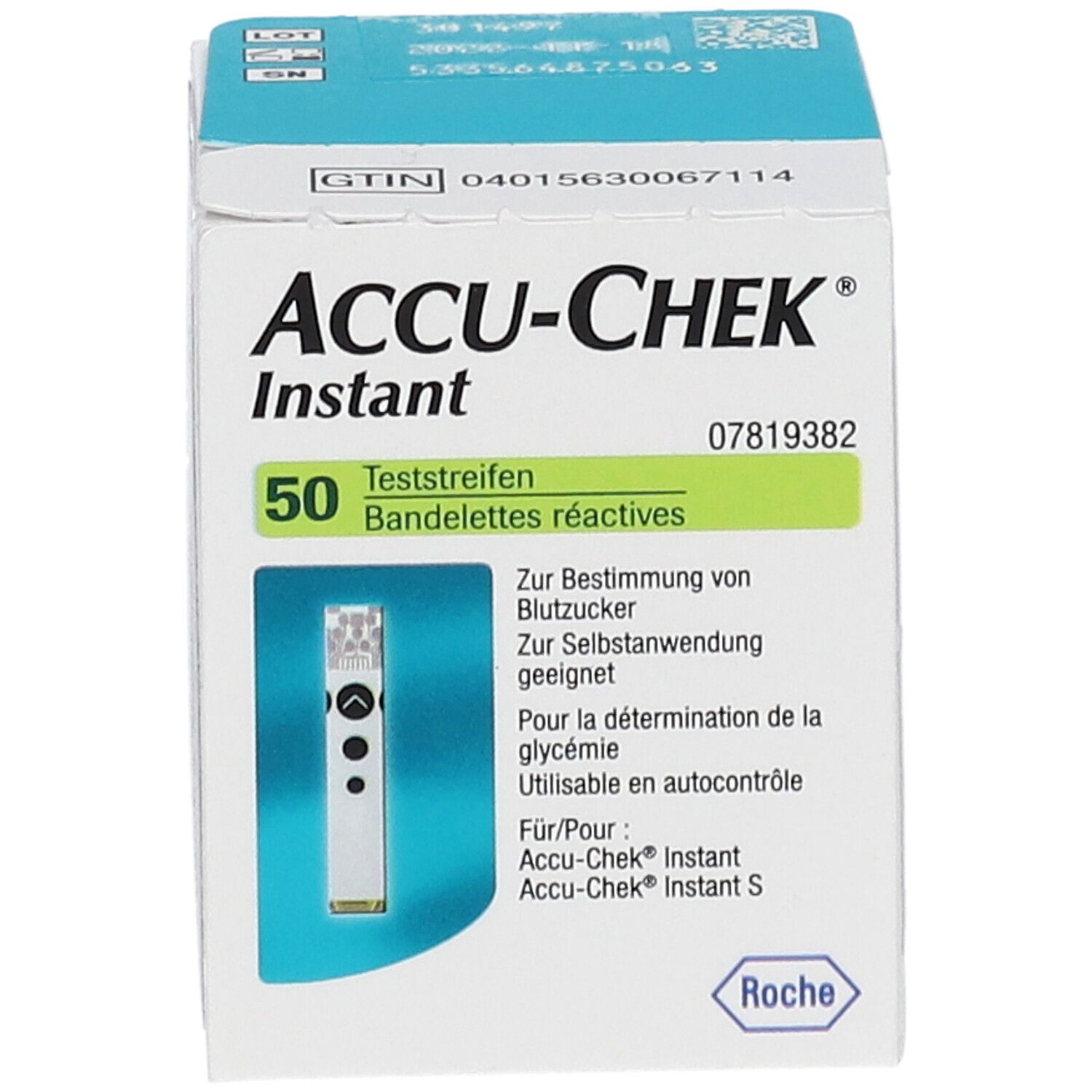 Accu-Chek Instant Packung mit 50 Teststreifen. Aufdrucke in Deutsch und Französisch. Enthält einen Teststreifen.