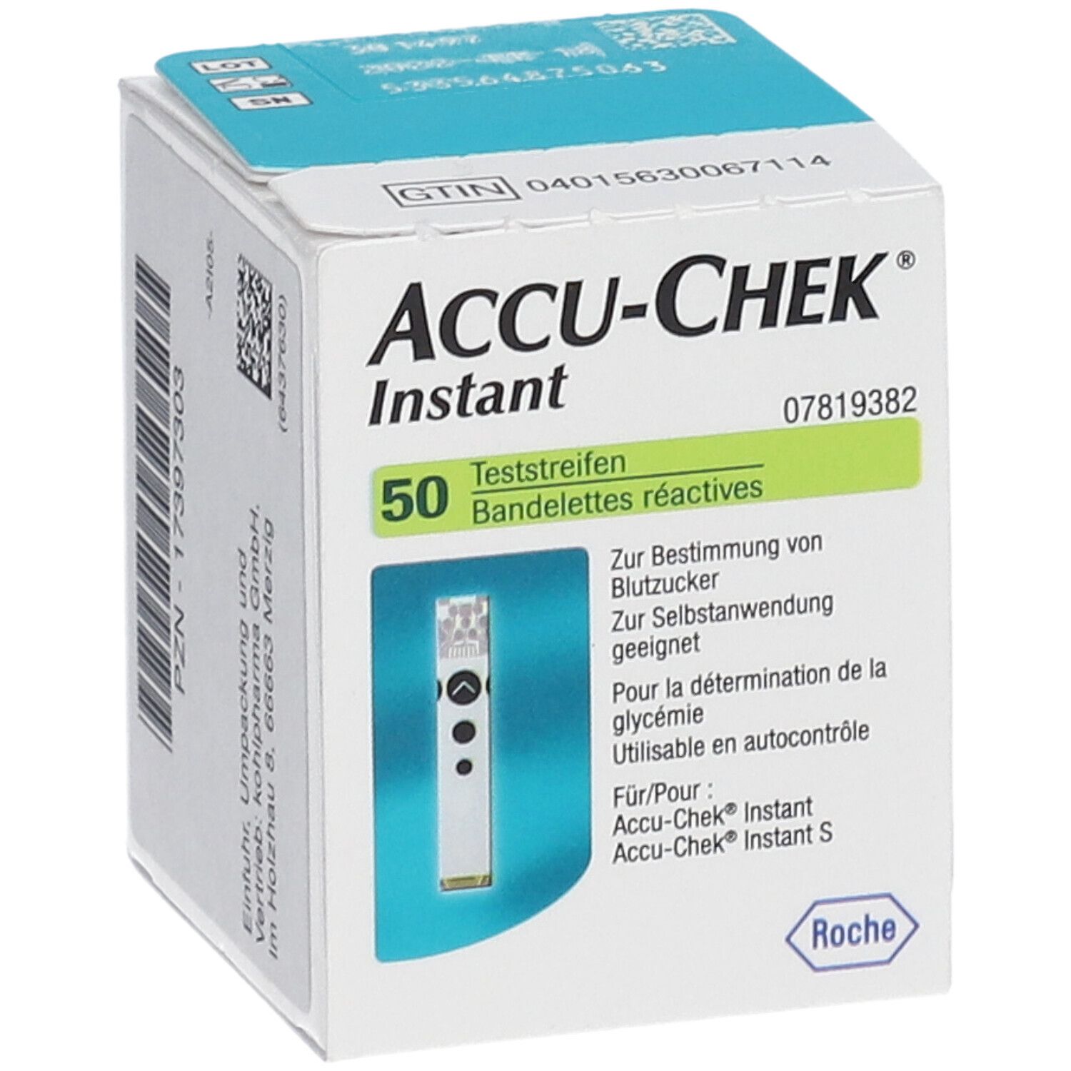 Accu-Chek Instant Packung mit 50 Teststreifen. Aufdrucke in Deutsch und Französisch. Enthält einen Teststreifen.