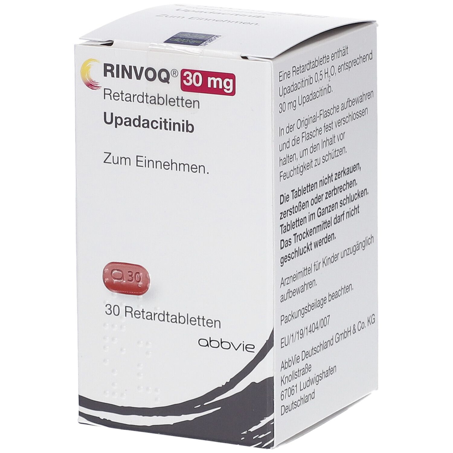RINVOQ 30 mg Retardtabletten Upadacitinib: Schachtel mit 30 Tabletten, eine Tablette ist sichtbar.