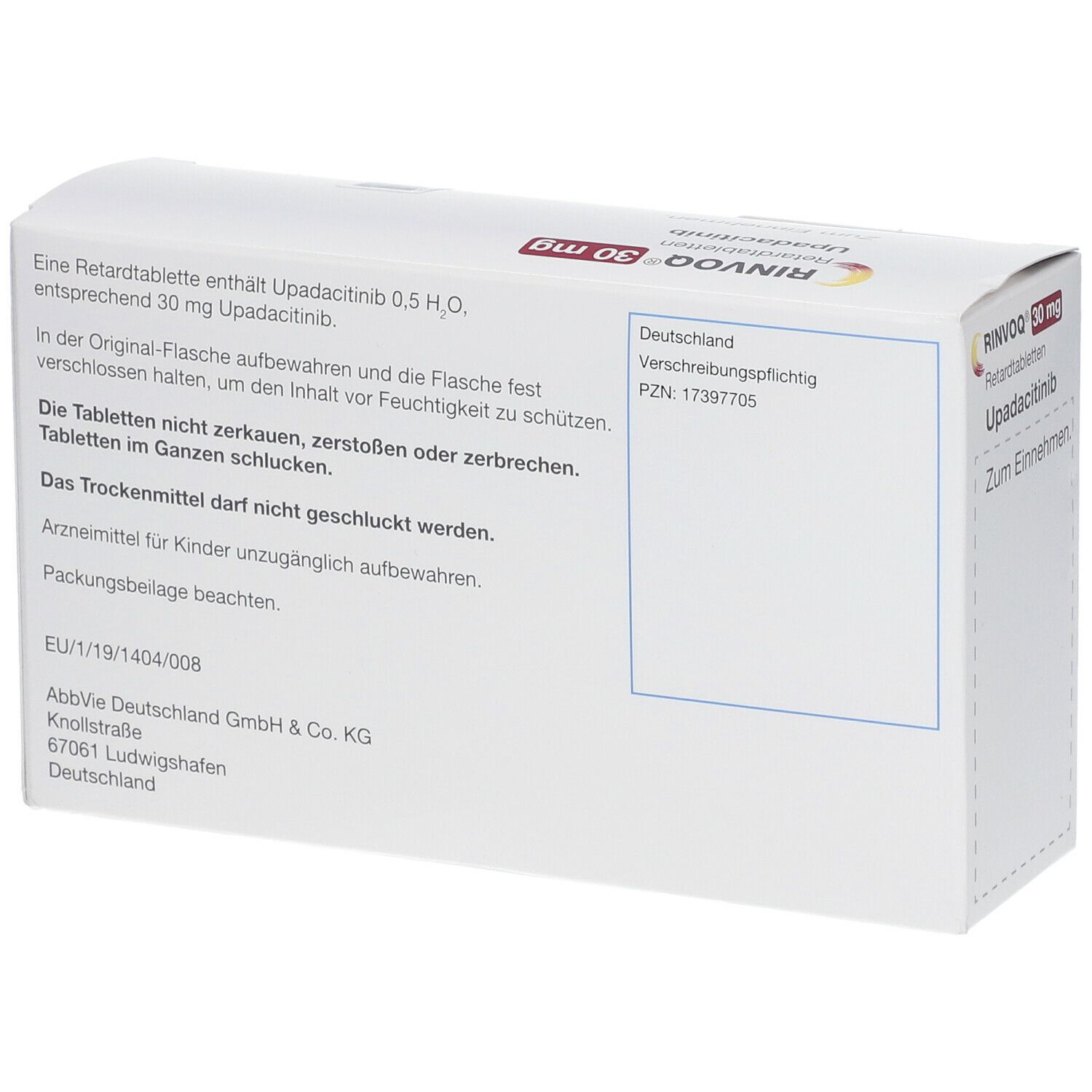 Rückseite der RINVOQ® 30 mg Packung. Text: Enthält Upadacitinib. PZN-Nummer. Herstellerinformationen. EU-Zulassungsnummer.