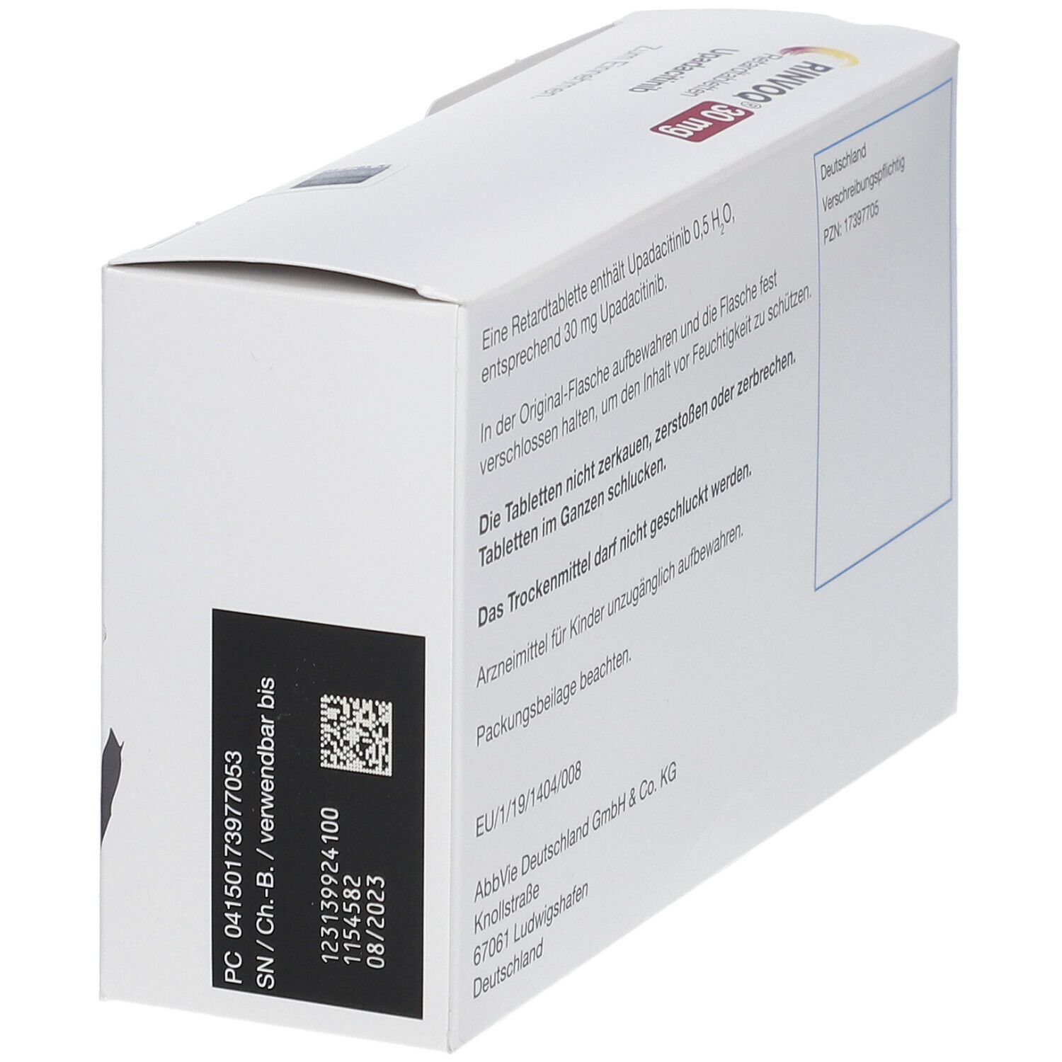 Seitenansicht der RINVOQ® 30 mg Packung. Barcode und Verfallsdatum. Herstellerinformationen. QR-Code.