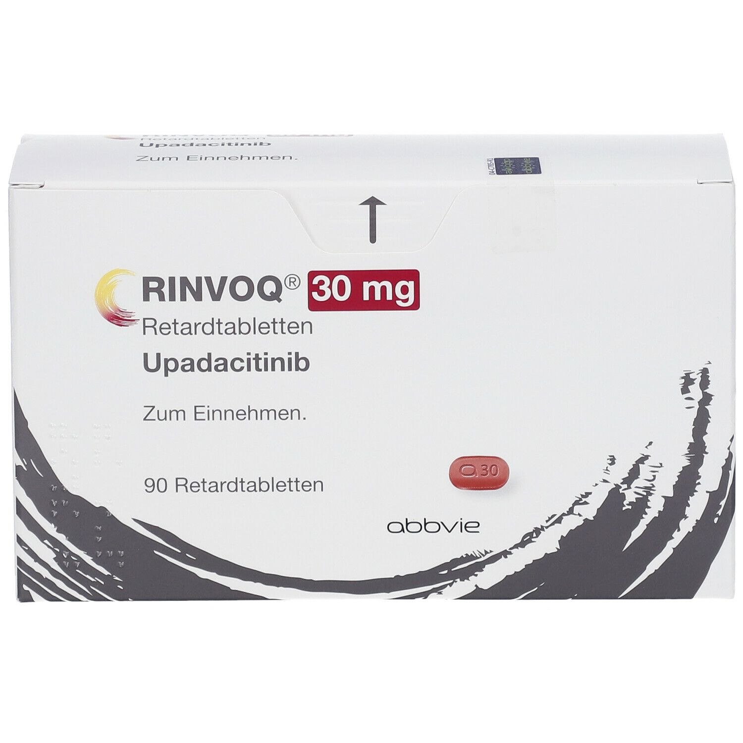 RINVOQ® 30 mg Packung. Aufschrift: Upadacitinib, Zum Einnehmen. Enthält 90 Retardtabletten. AbbVie Logo. Draufsicht.