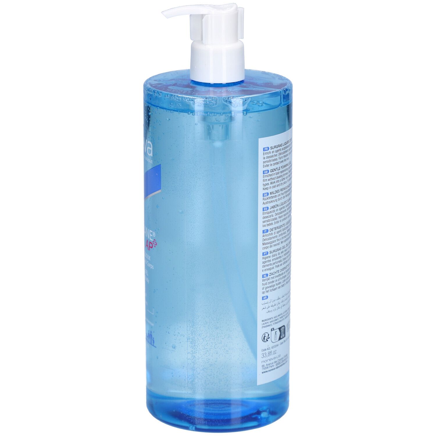 Transparente Flasche mit blauem Gel und weißem Pumpkopf. Rückseite mit Text in mehreren Sprachen.