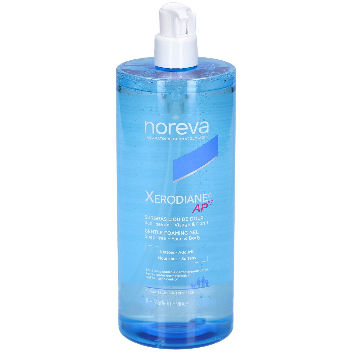Transparente Flasche mit blauem Gel und weißem Pumpkopf. Aufschrift: Noreva, Xerodiane AP+, Gesicht & Körper.