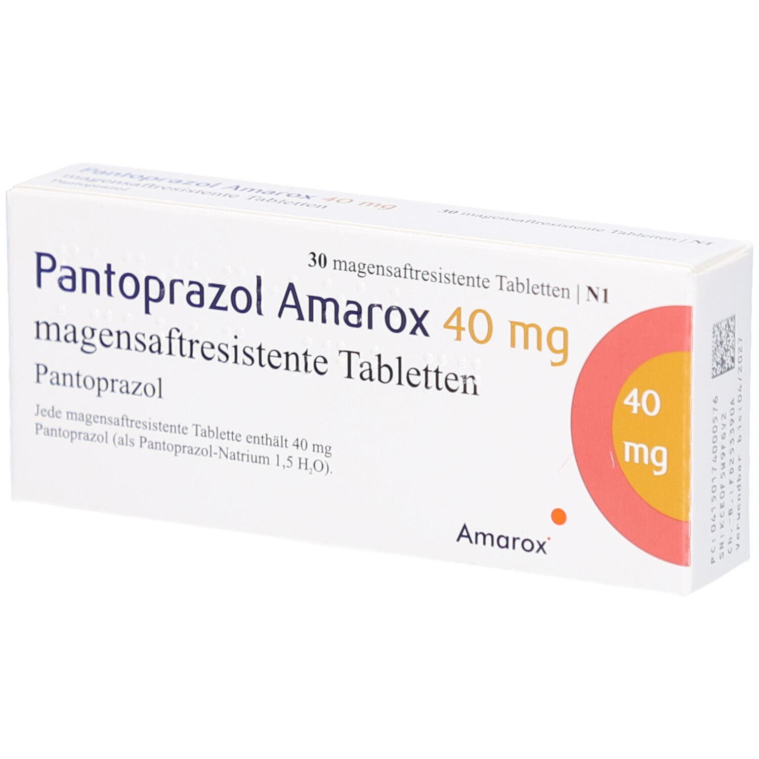 Weiße Schachtel mit Aufschrift Pantoprazol Amarox 40 mg. Orangefarbener Kreis mit 40 mg. 30 magensaftresistente Tabletten.