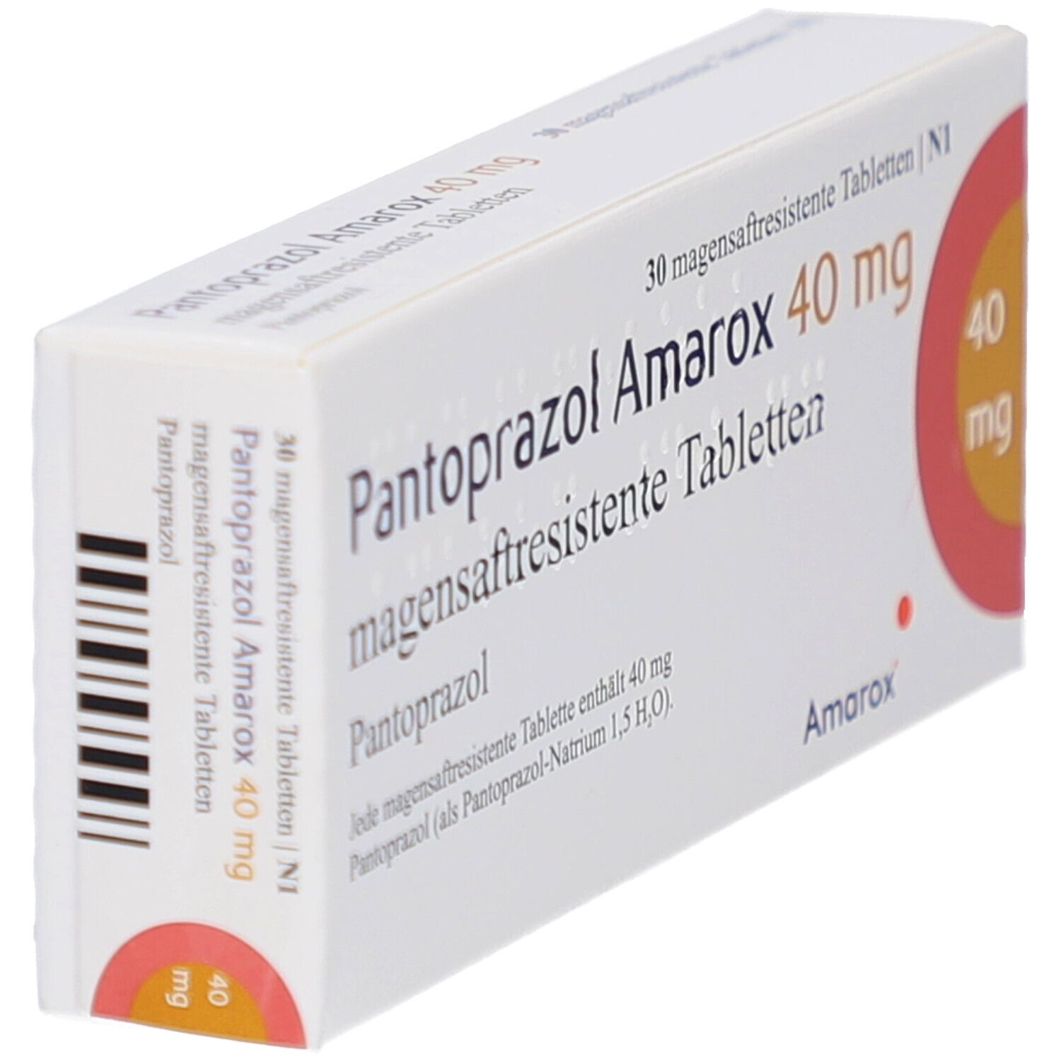 Schachtel mit Pantoprazol Amarox 40 mg. Aufschrift und Barcode. Orangefarbener Kreis mit 40 mg. 30 magensaftresistente Tabletten.