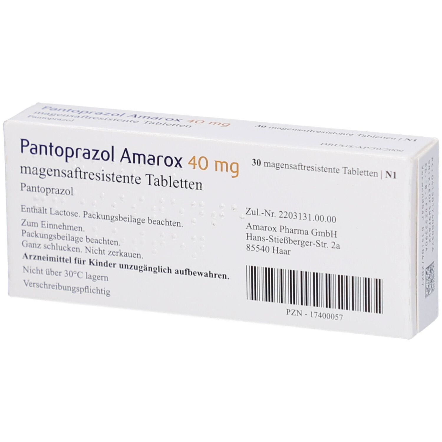 Weiße Schachtel mit Aufschrift Pantoprazol Amarox 40 mg. Text und Barcode. 30 magensaftresistente Tabletten.