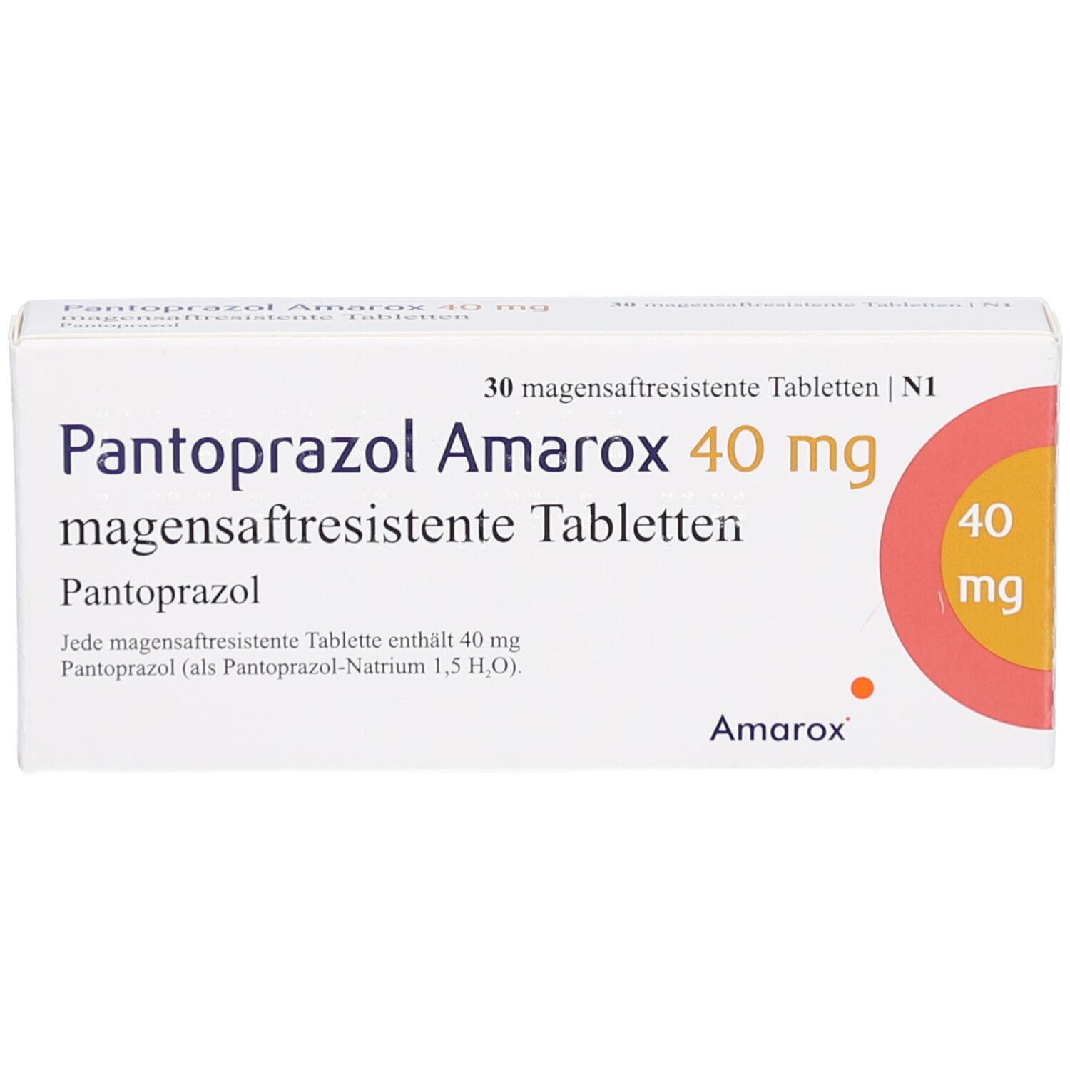 Weiße Schachtel mit Aufschrift Pantoprazol Amarox 40 mg. Orangefarbener Kreis mit 40 mg. 30 magensaftresistente Tabletten.