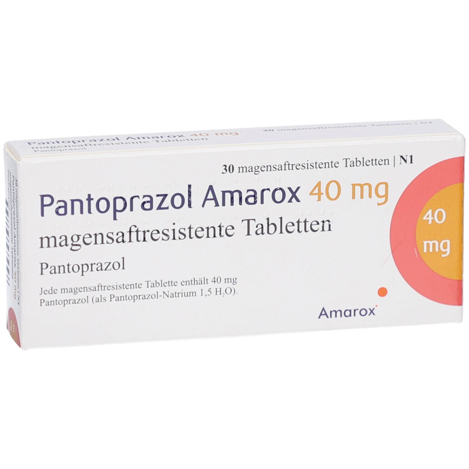 Weiße Schachtel mit Aufschrift Pantoprazol Amarox 40 mg. Orangefarbener Kreis mit 40 mg. 30 magensaftresistente Tabletten.